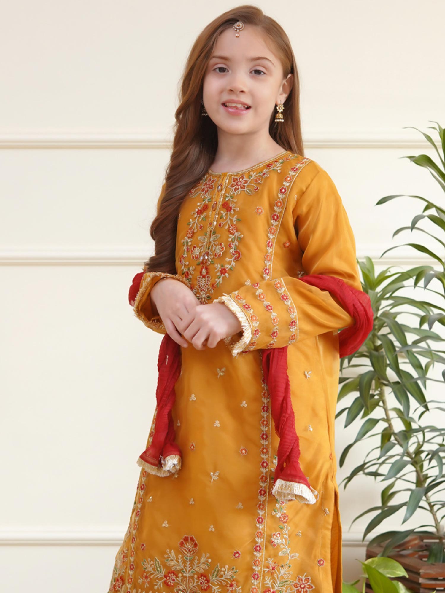 Kids Embroidered Organza 3-Piece Suit - Mustard