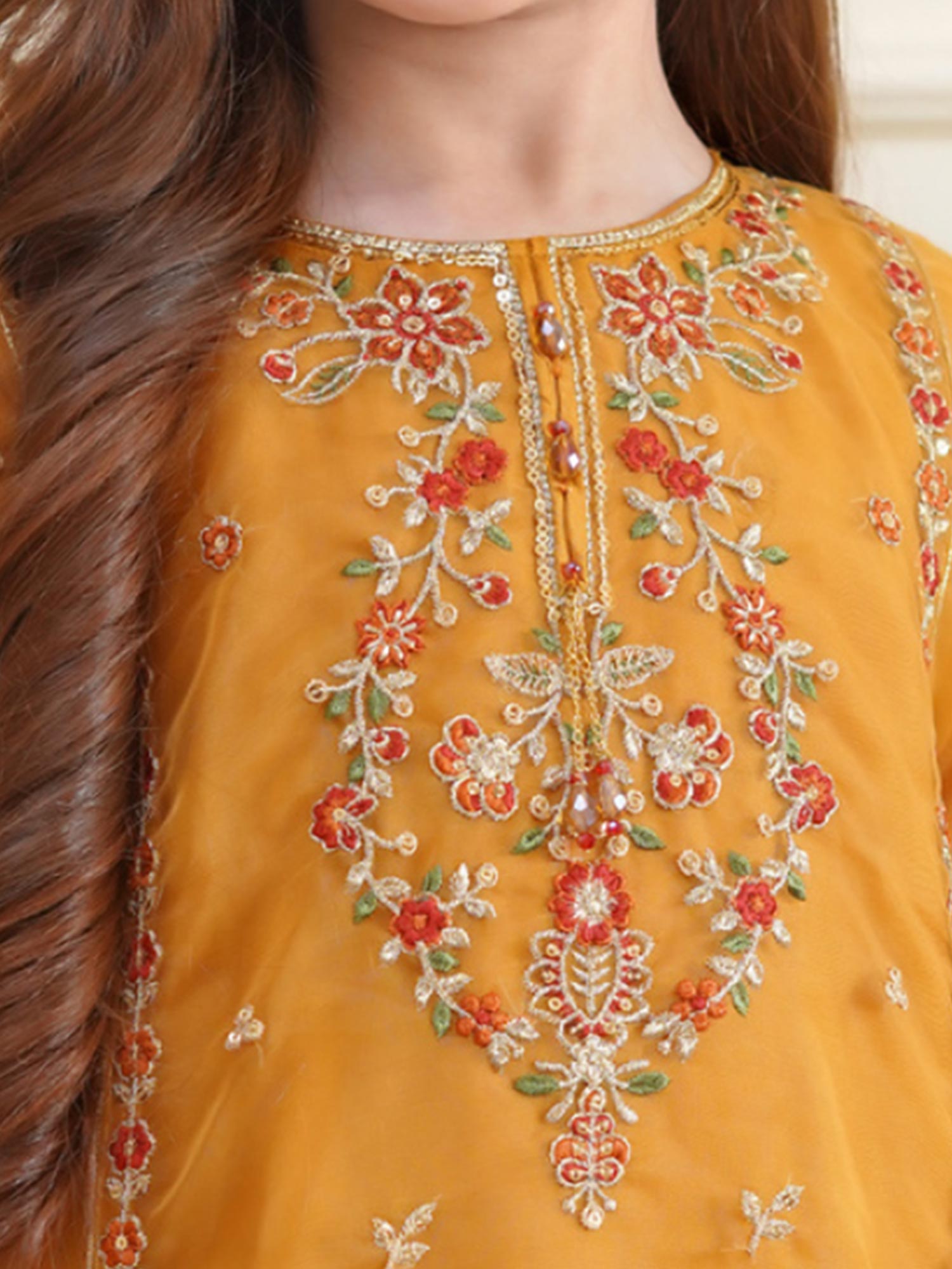 Kids Embroidered Organza 3-Piece Suit - Mustard
