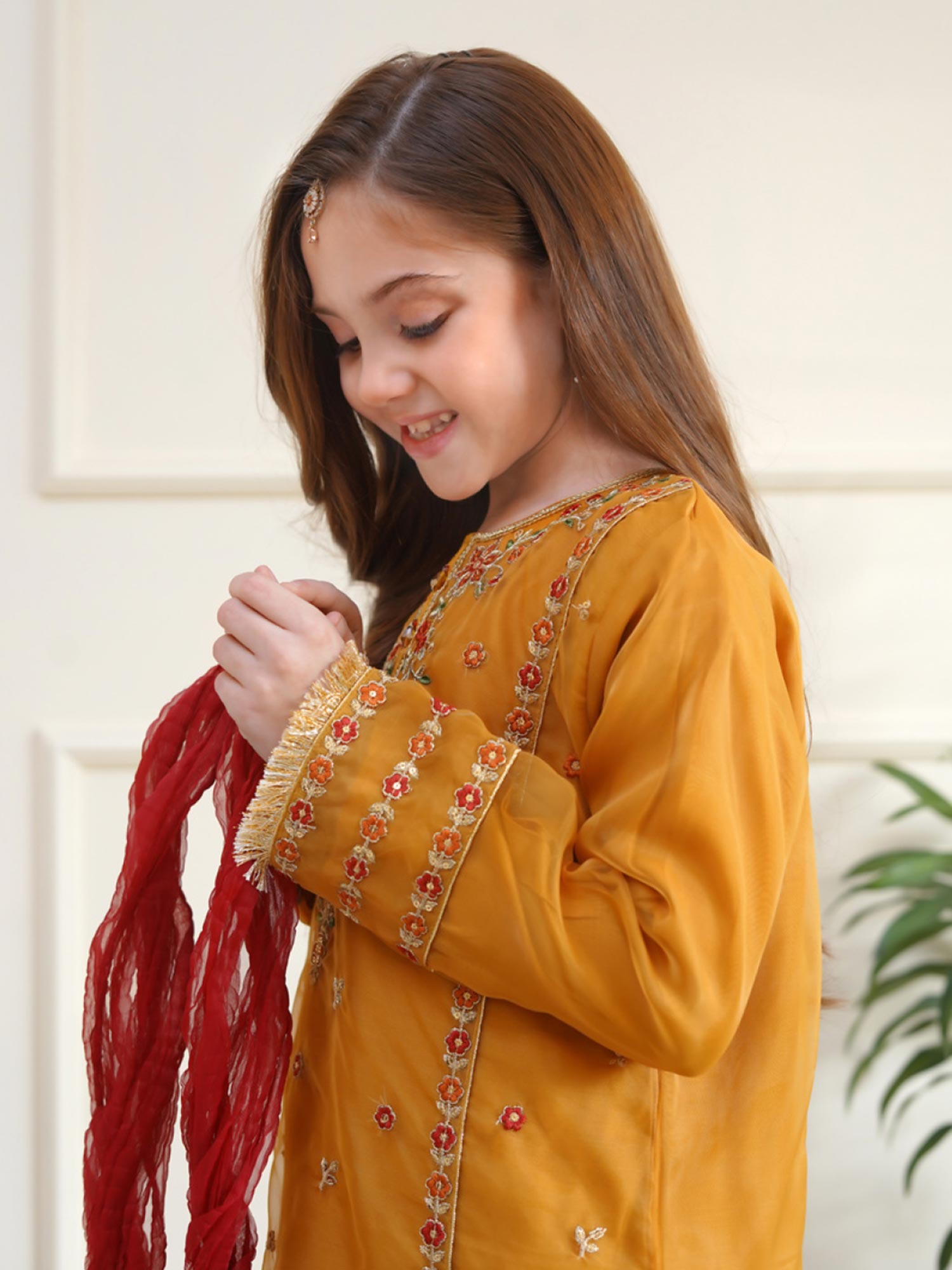 Kids Embroidered Organza 3-Piece Suit - Mustard