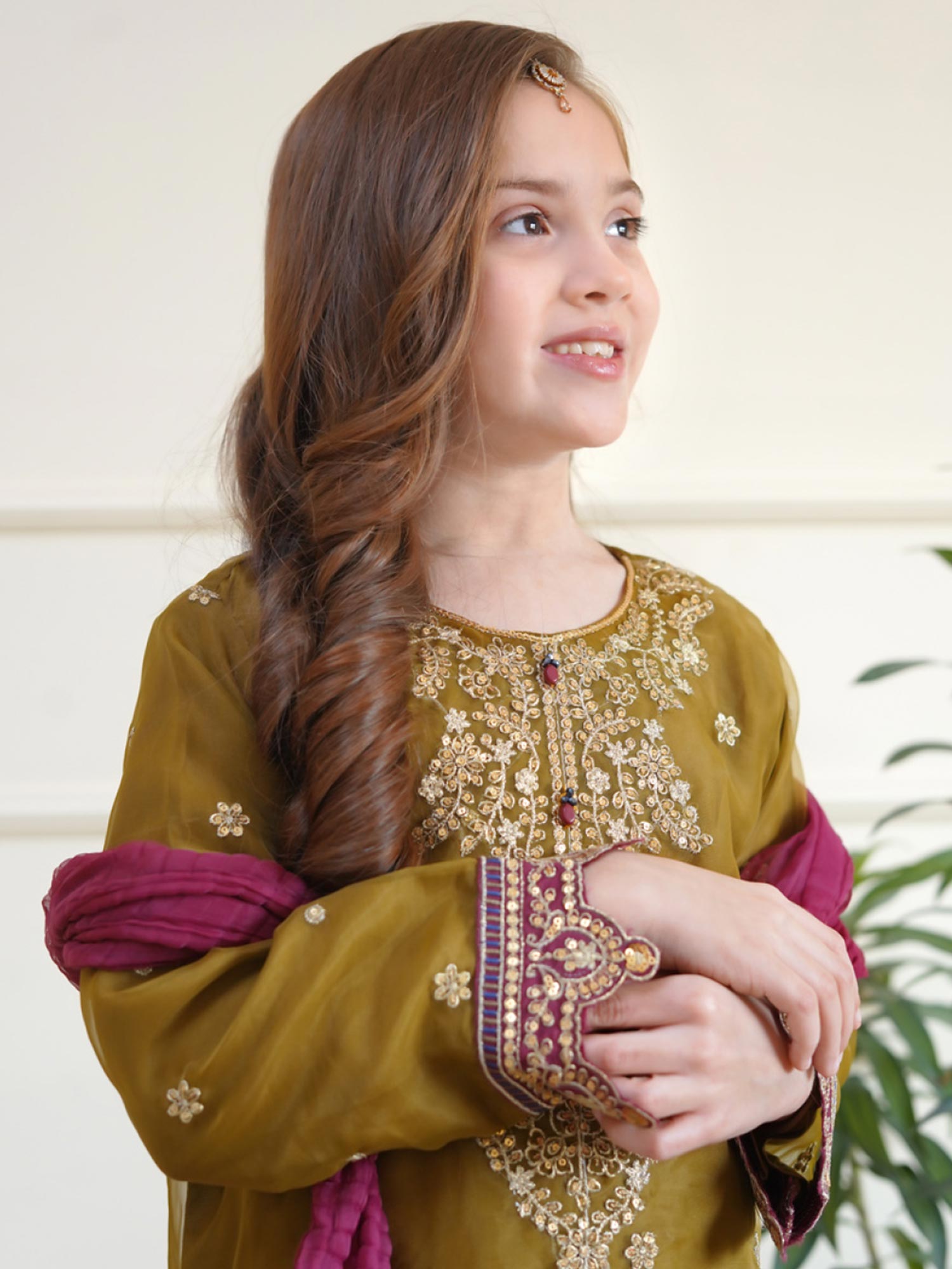 Kids Embroidered Organza 3-Piece Suit - Olive