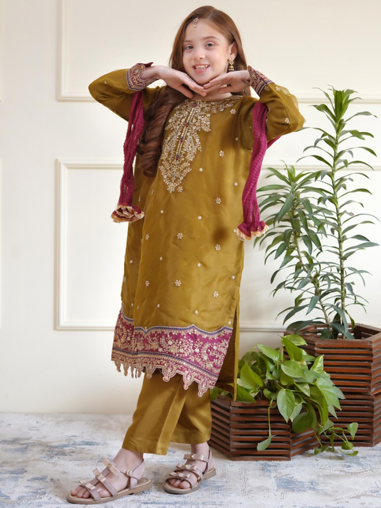 Kids Embroidered Organza 3-Piece Suit - Olive