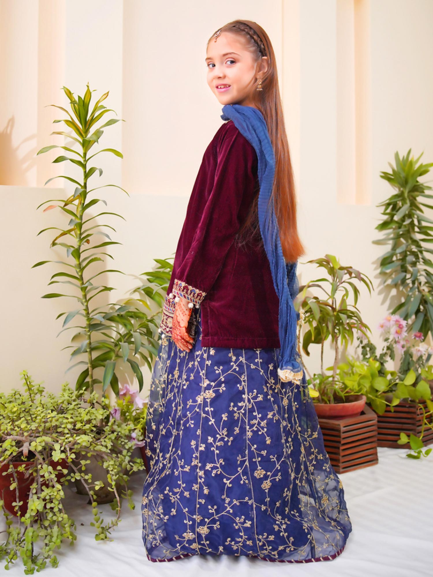 Kids Velvet Festive 3-Piece Lehnga Suit - Magenta & Blue