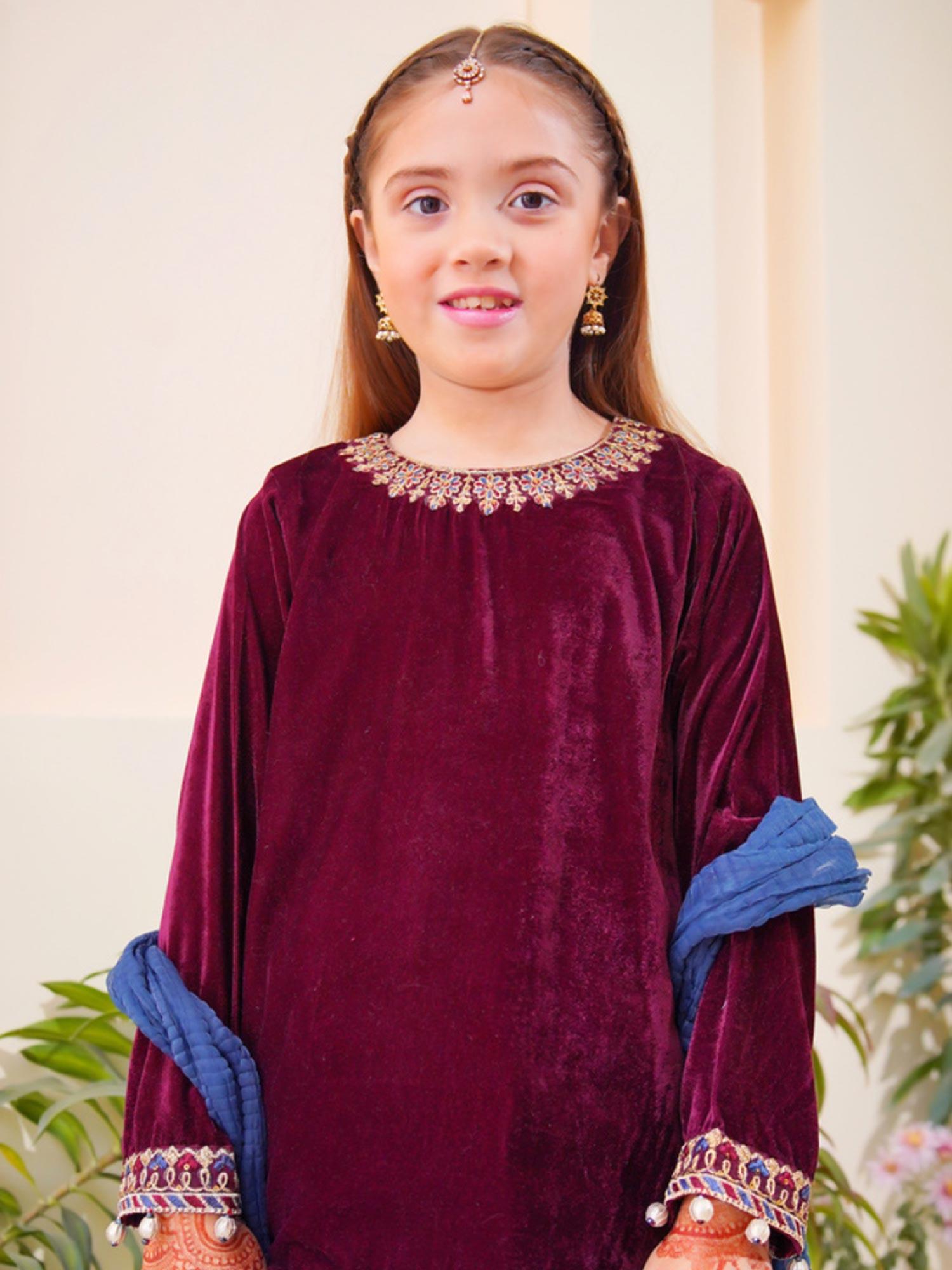 Kids Velvet Festive 3-Piece Lehnga Suit - Magenta & Blue