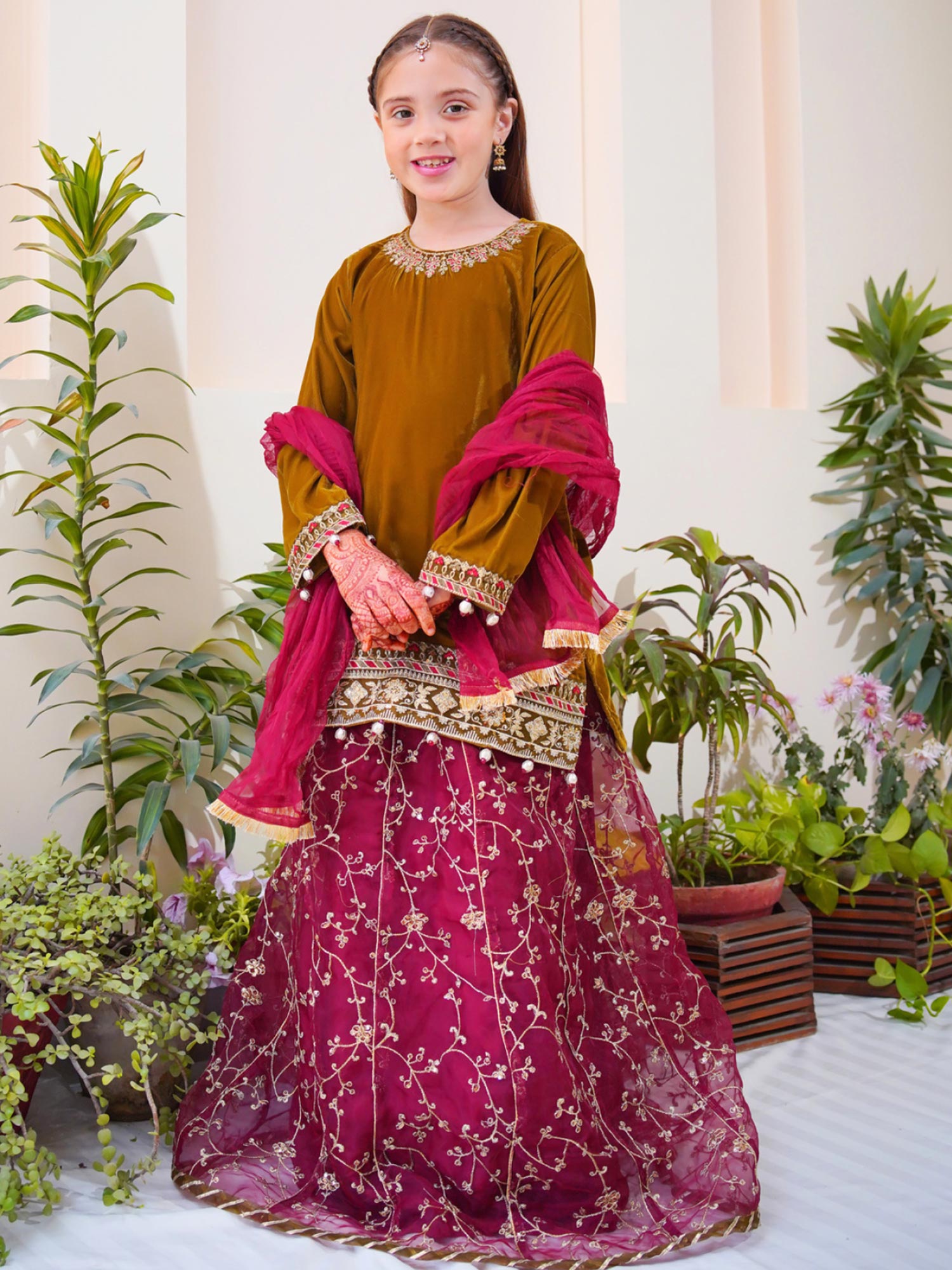 Kids Velvet Festive 3-Piece Lehnga Suit - Mehndi & Pink
