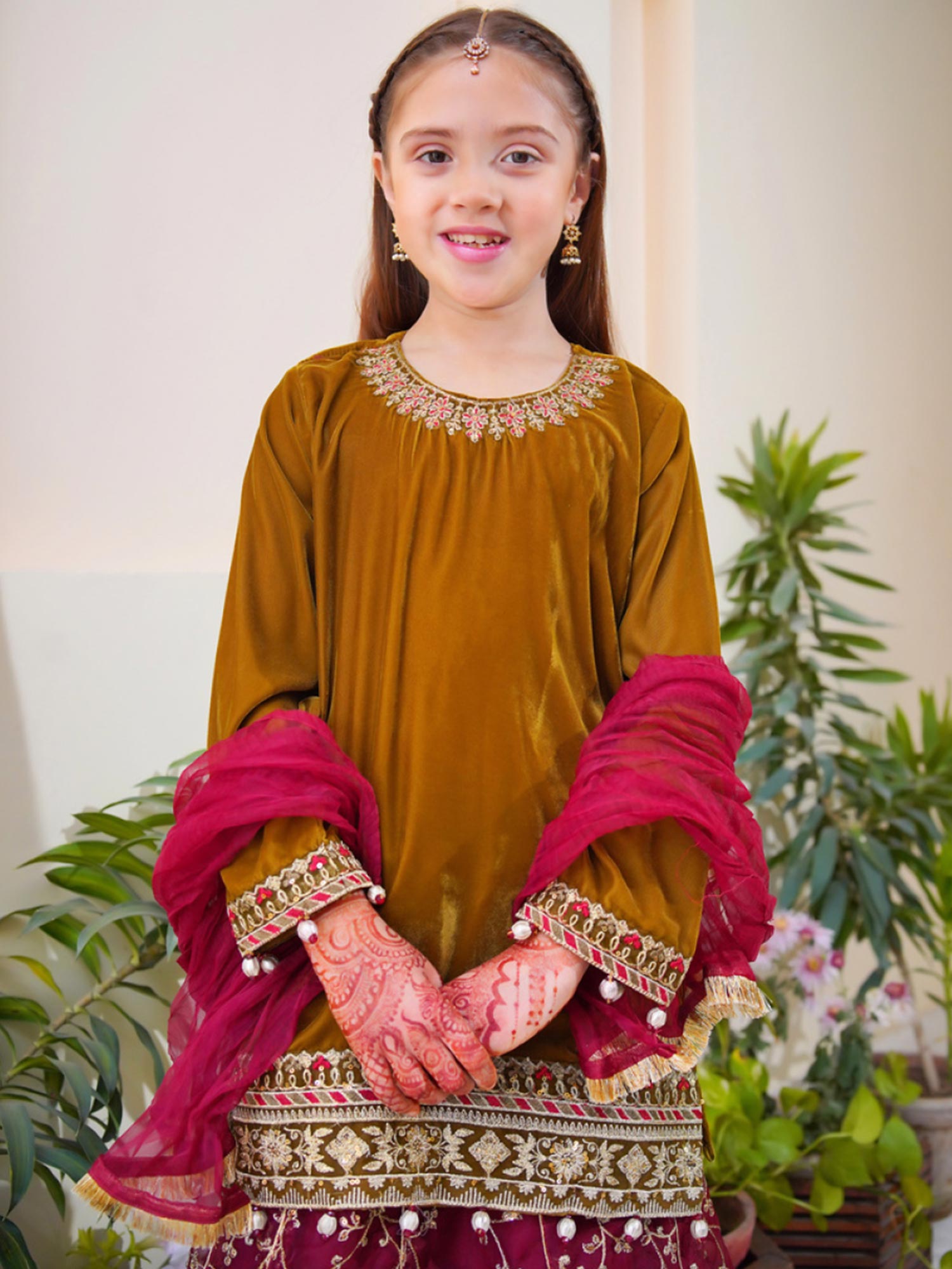 Kids Velvet Festive 3-Piece Lehnga Suit - Mehndi & Pink