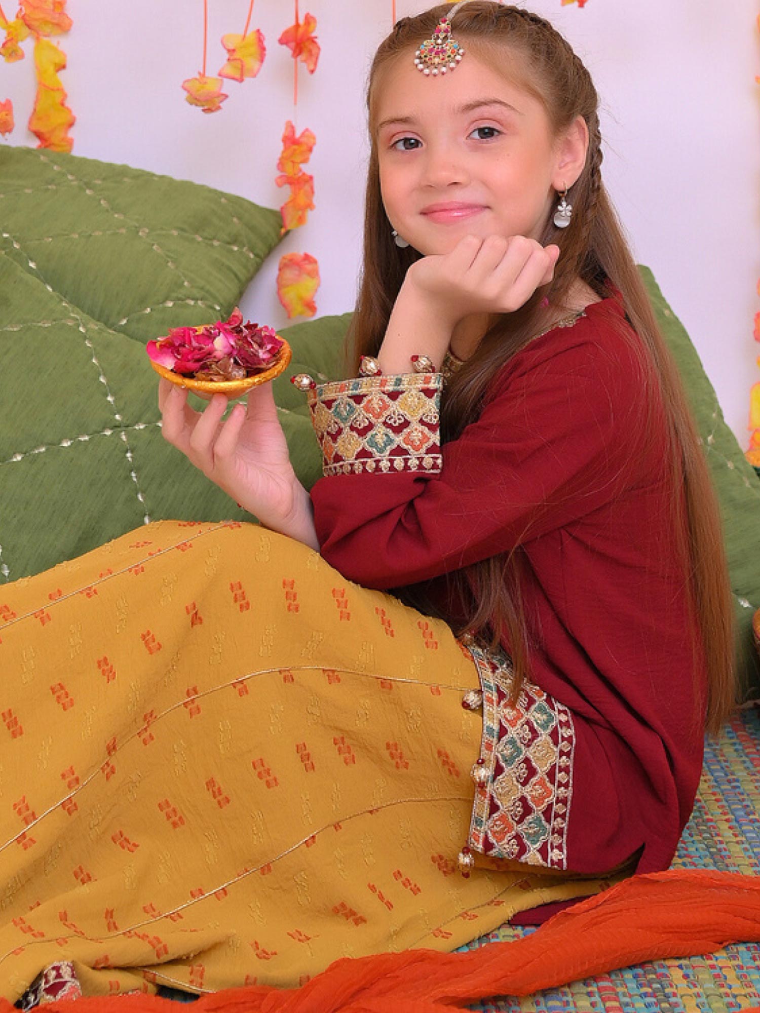 Kids Festive 3-Piece Lehnga Suit - Red & Mustard