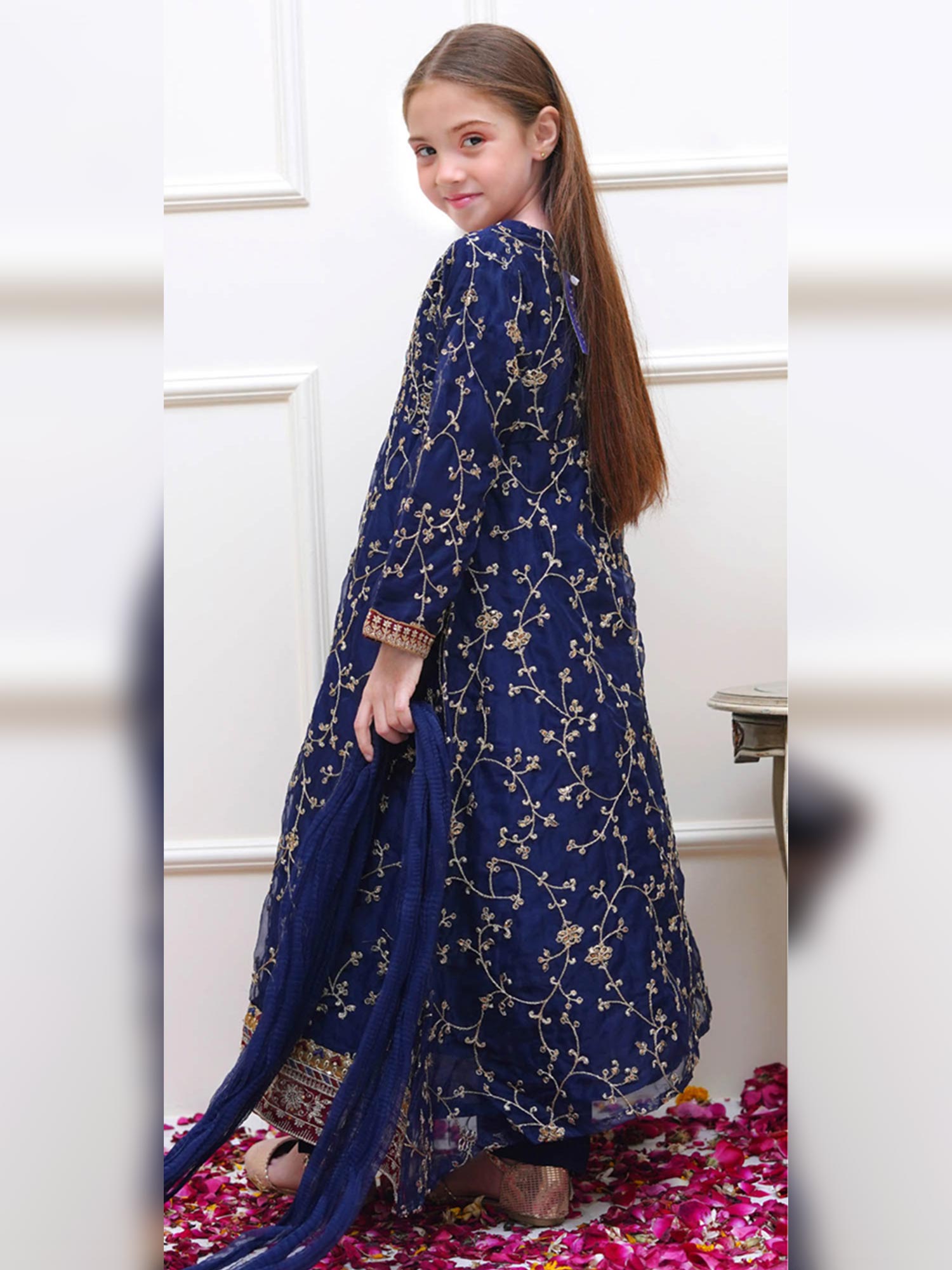 Kids Navy Blue Embroidered Organza Maxi Frock Suit