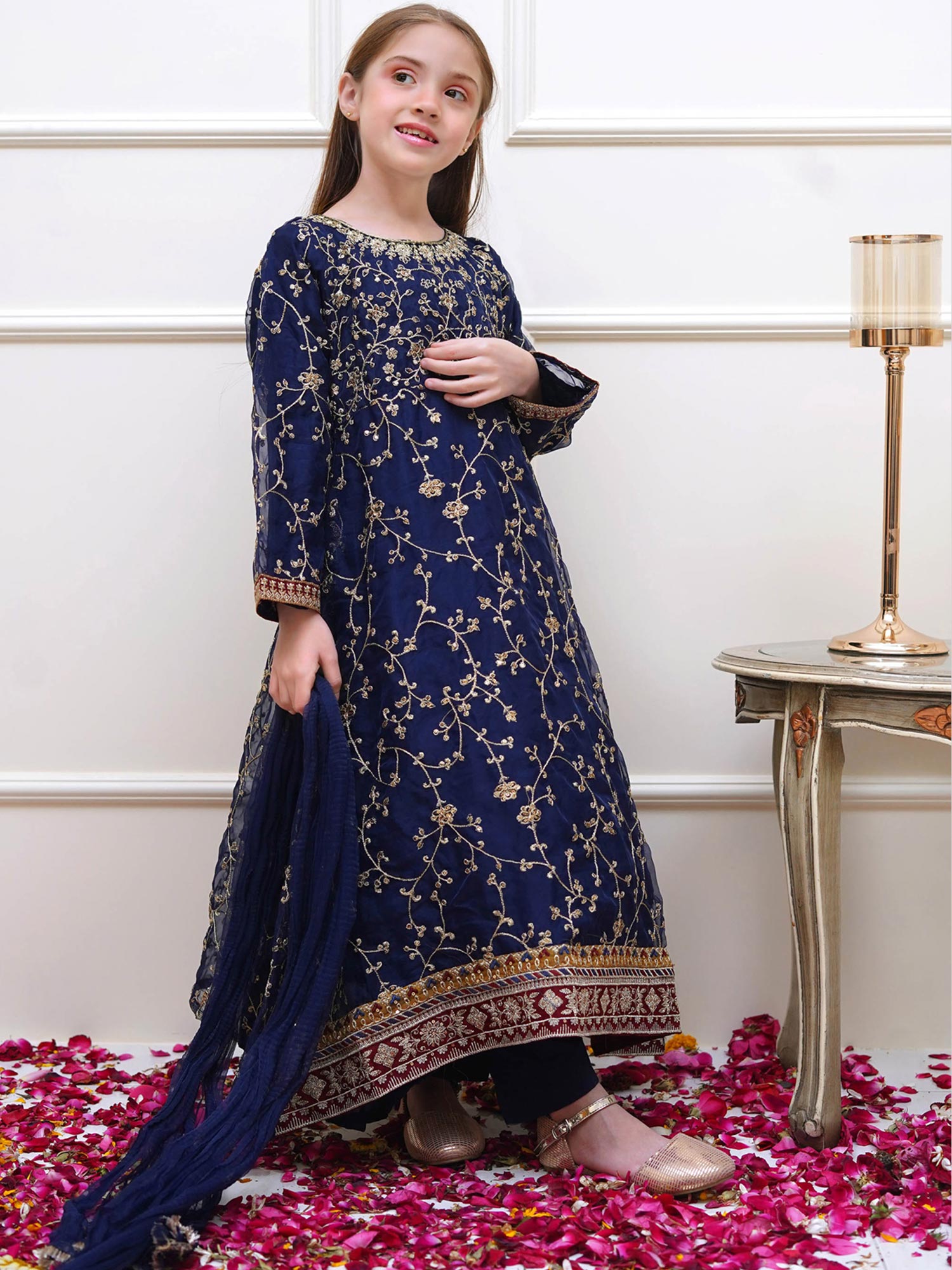 Kids Navy Blue Embroidered Organza Maxi Frock Suit