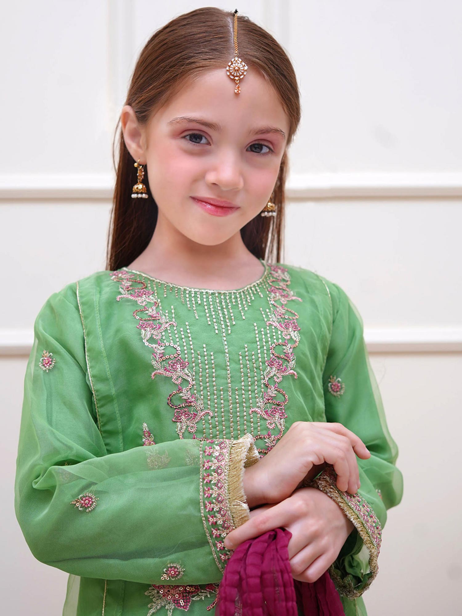 Kids Green Embroidered Organza Suit with Silk Gharara
