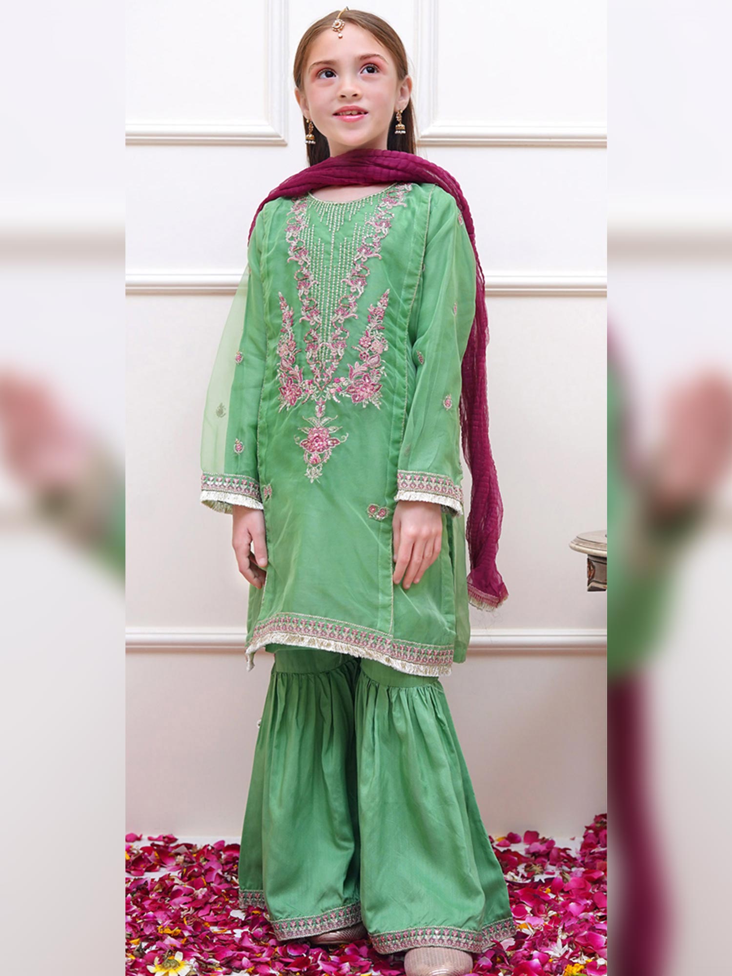 Kids Green Embroidered Organza Suit with Silk Gharara