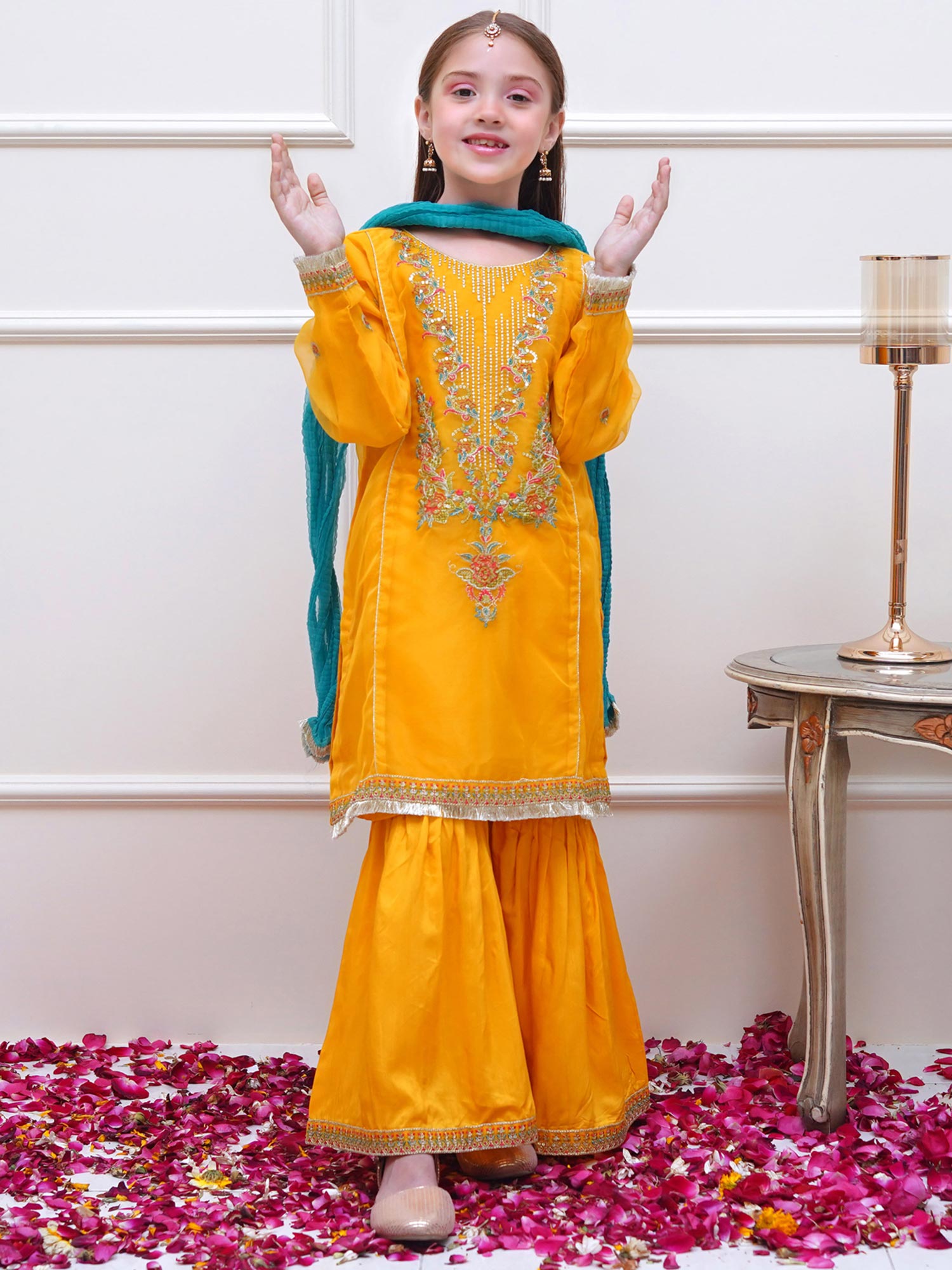 Kids Yellow Embroidered Organza Suit with Silk Gharara