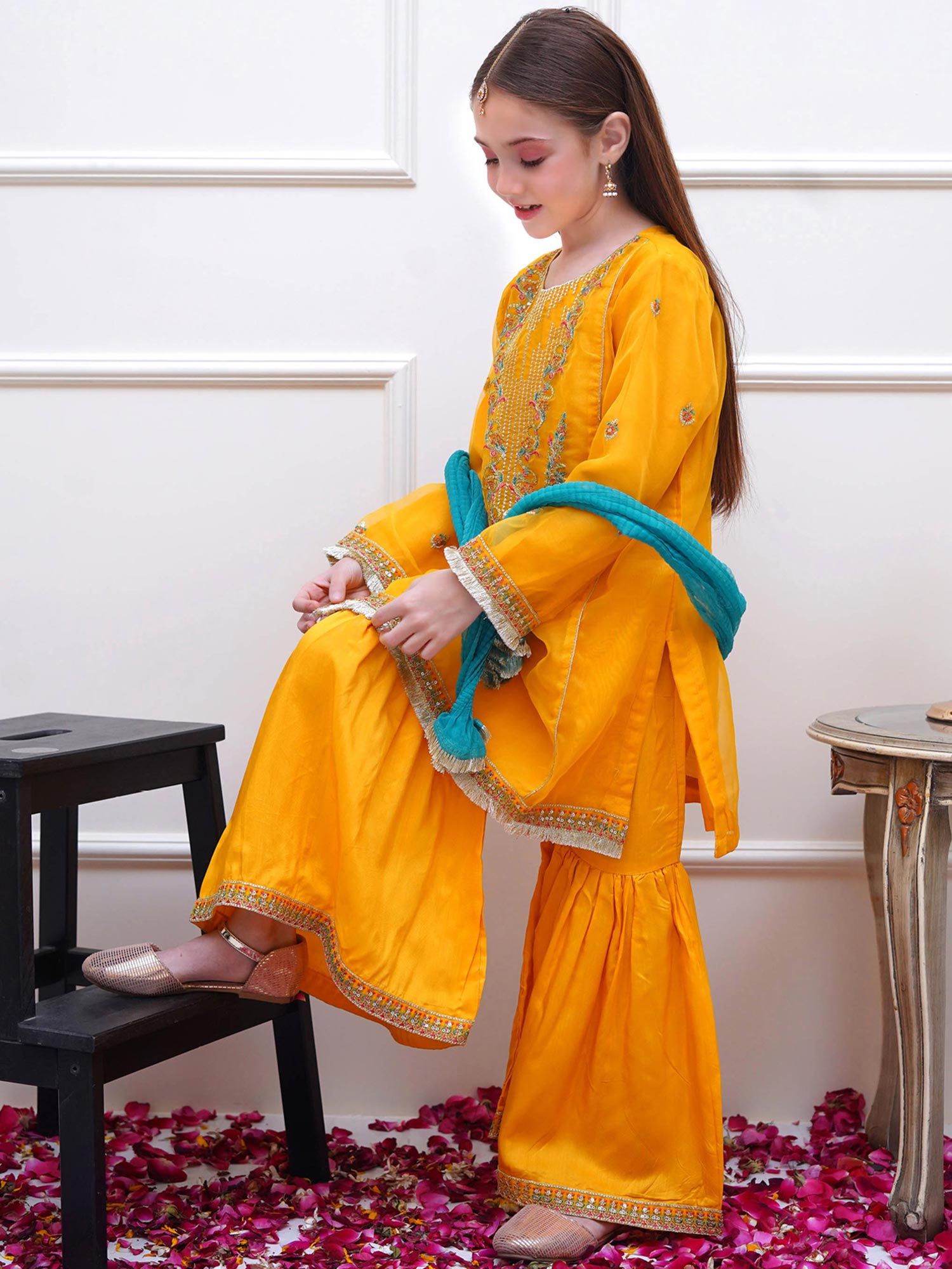 Kids Yellow Embroidered Organza Suit with Silk Gharara