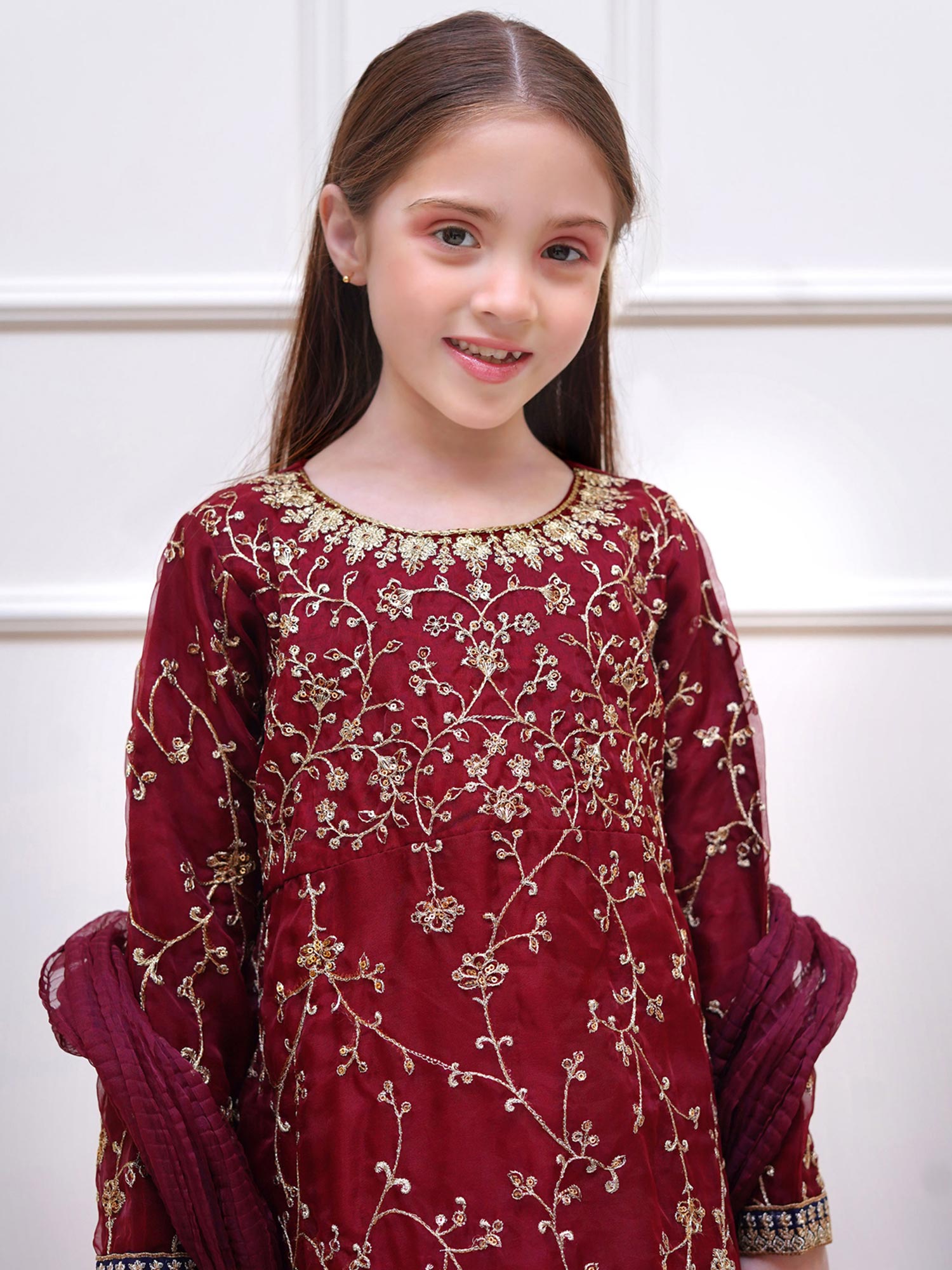Kids Maroon Embroidered Organza Maxi Frock Suit