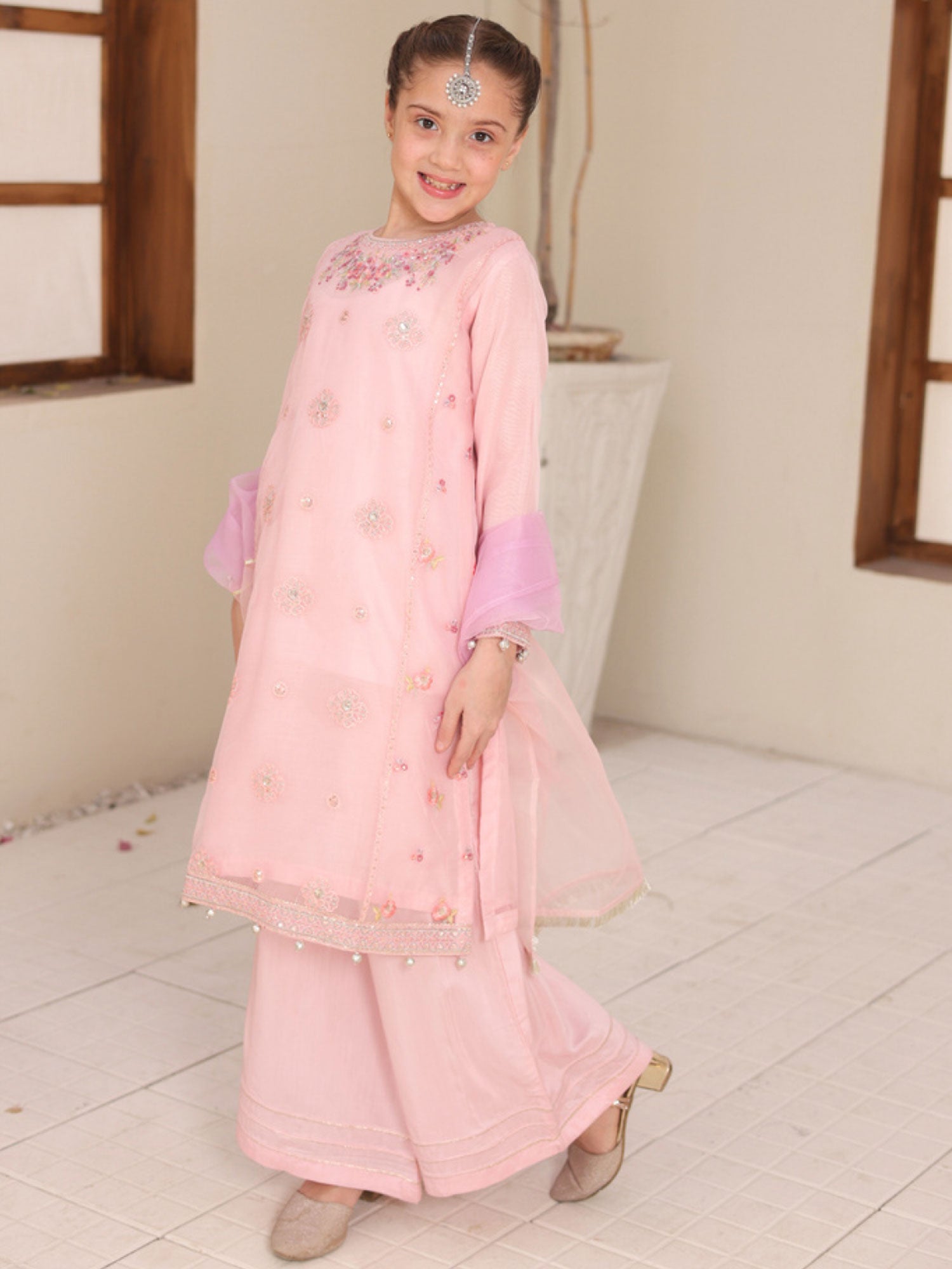 Kids Embroidered Lux Organza Suit - Pink