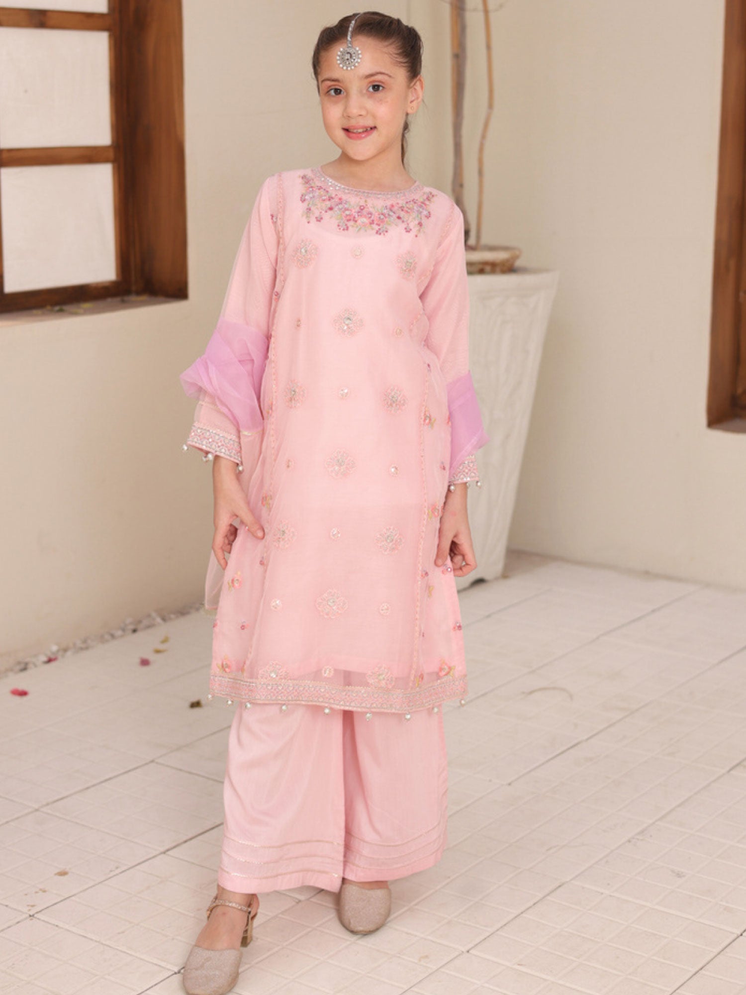 Kids Embroidered Lux Organza Suit - Pink