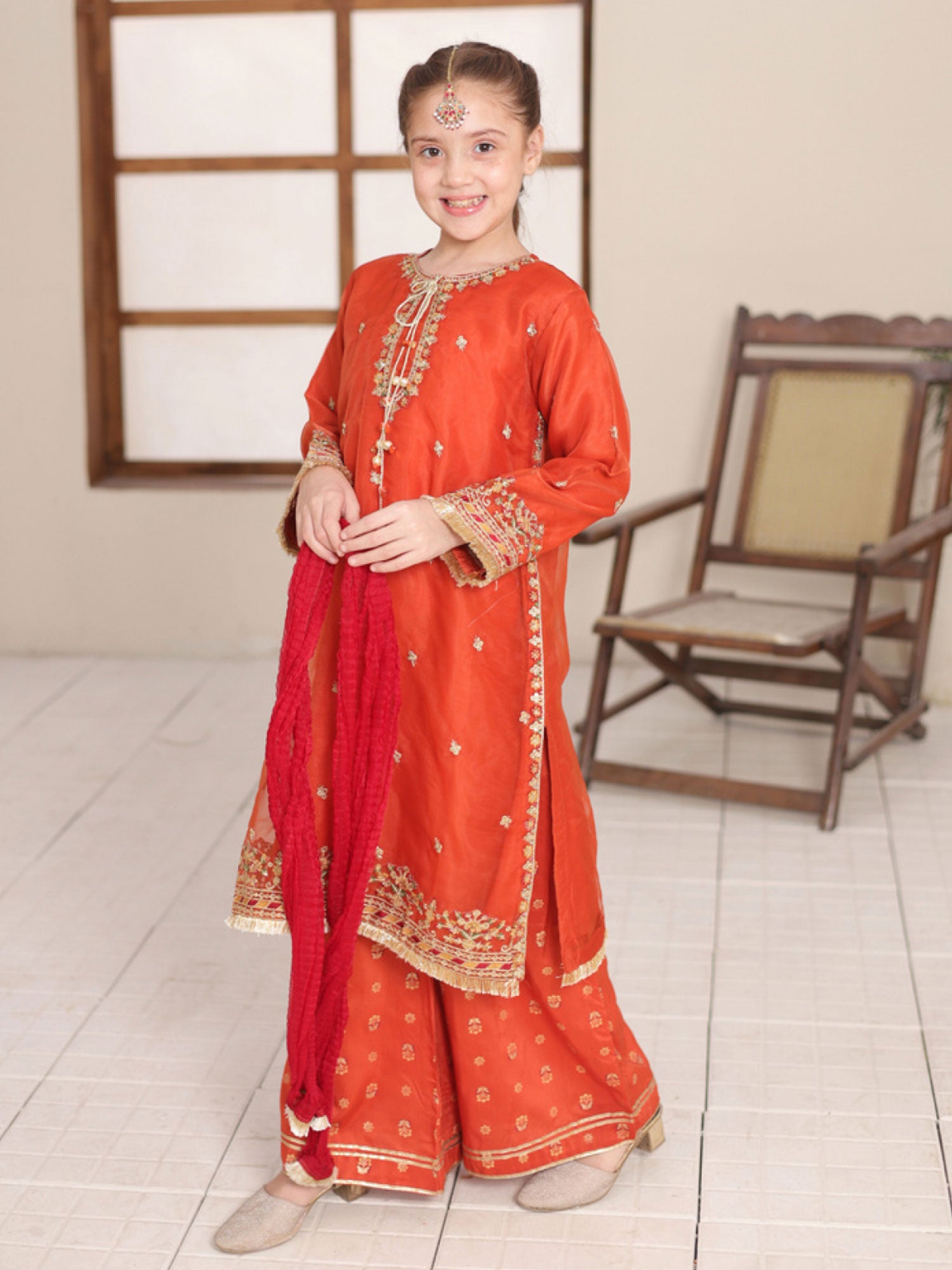Kids Embroidered Lux Organza Suit - Rust