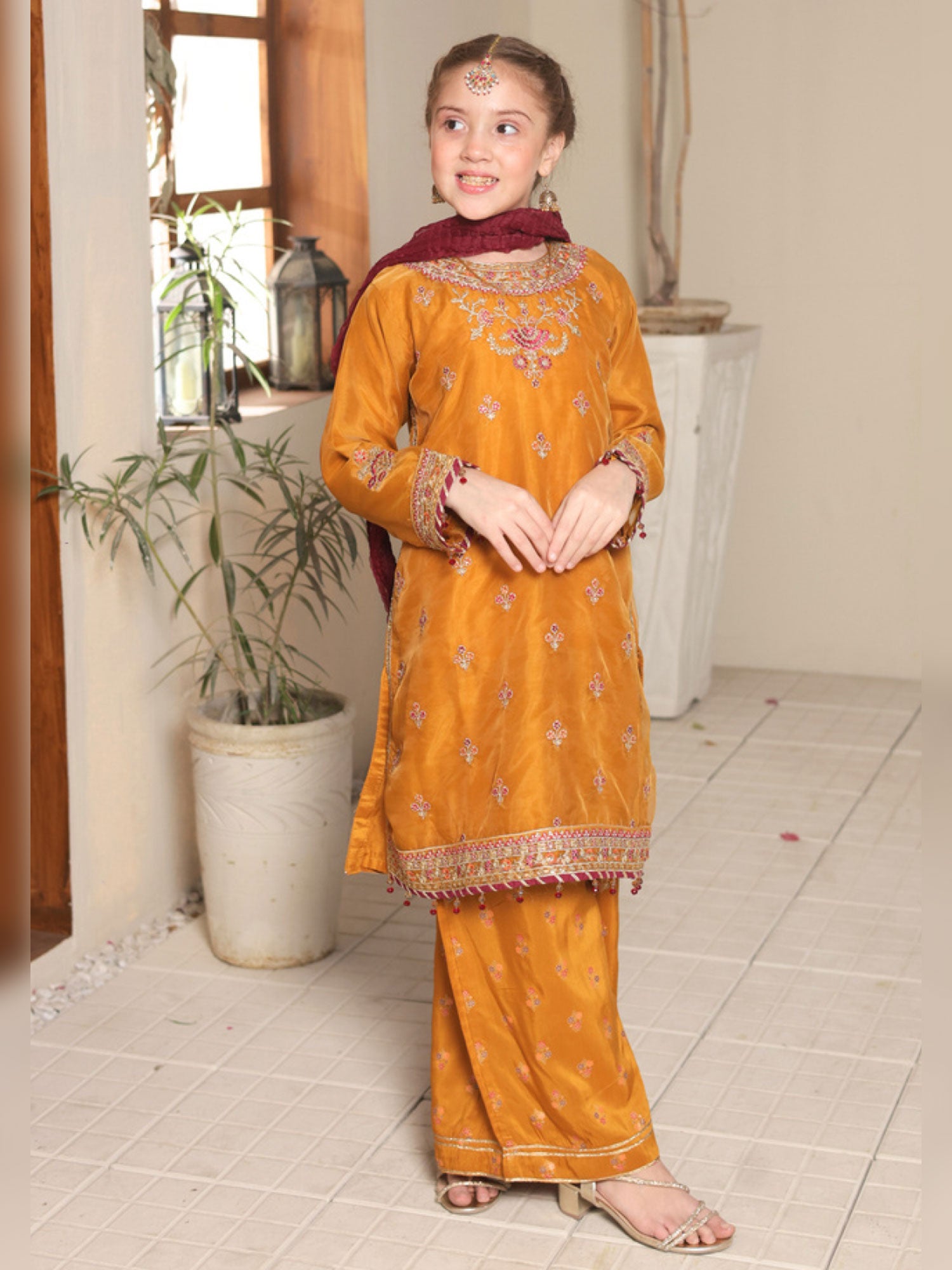 Kids Embroidered Lux Organza Suit - Mustard