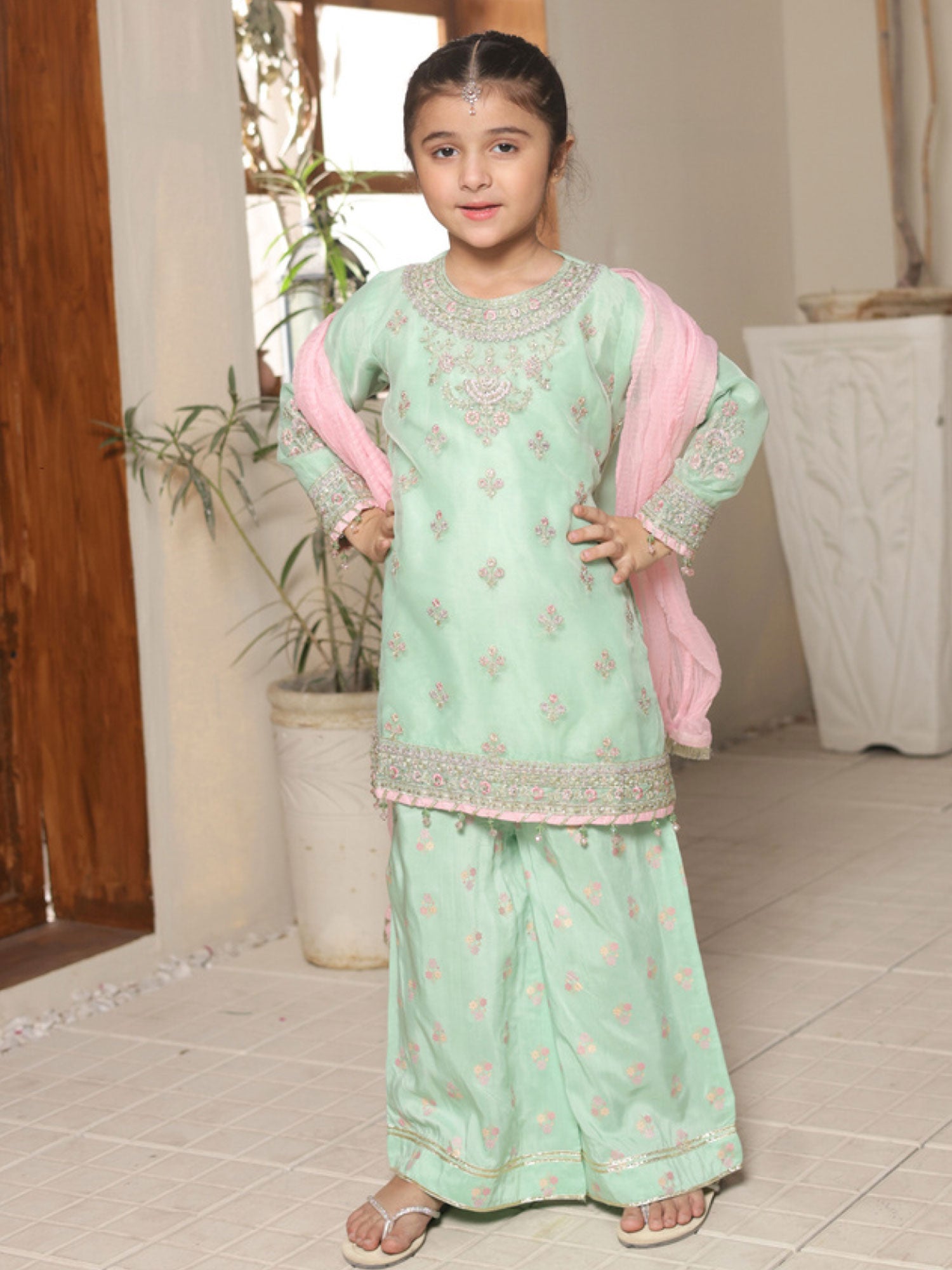 Kids Embroidered Lux Organza Suit - Mint