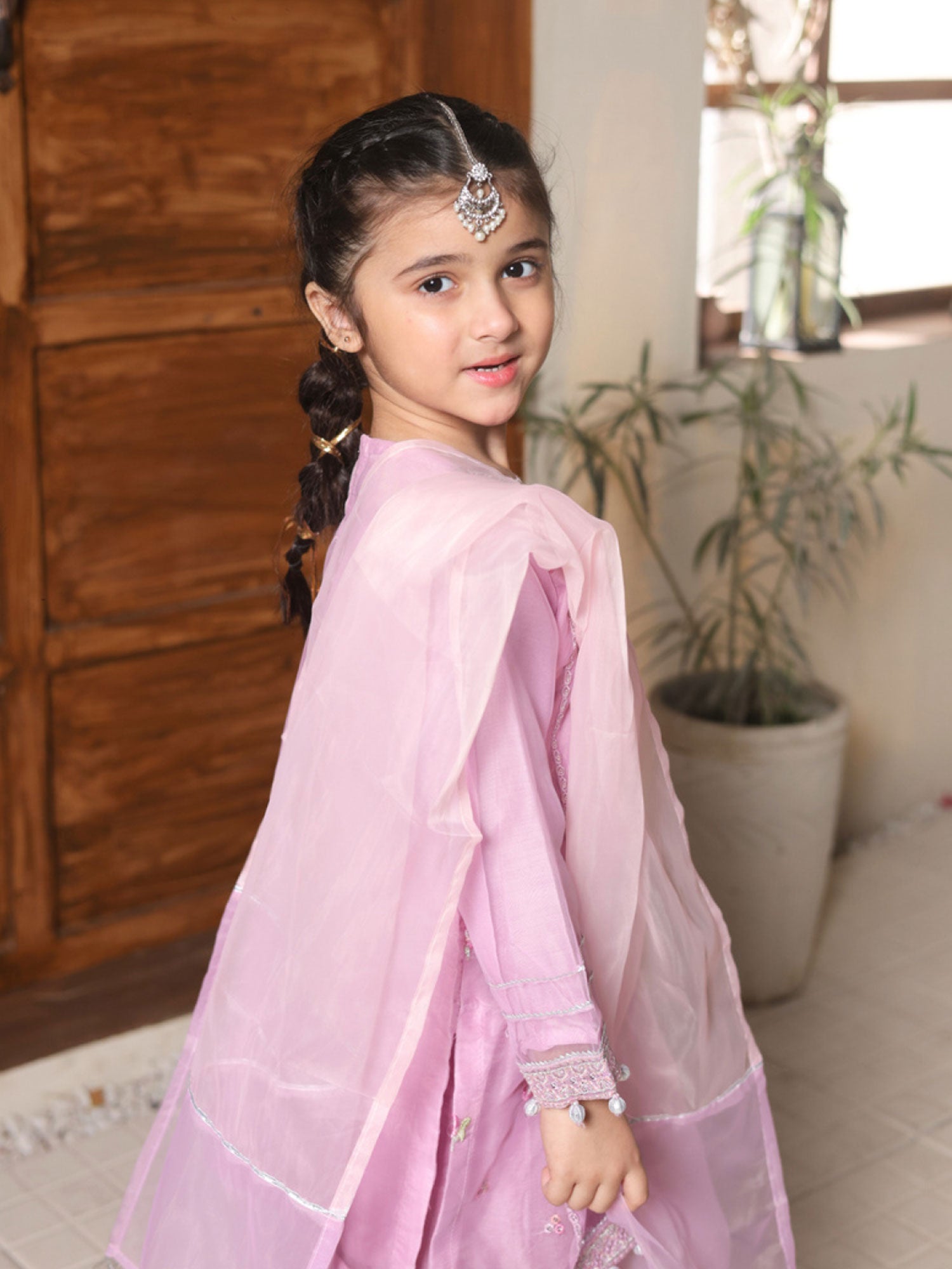 Kids Embroidered Lux Organza Suit - Lilac