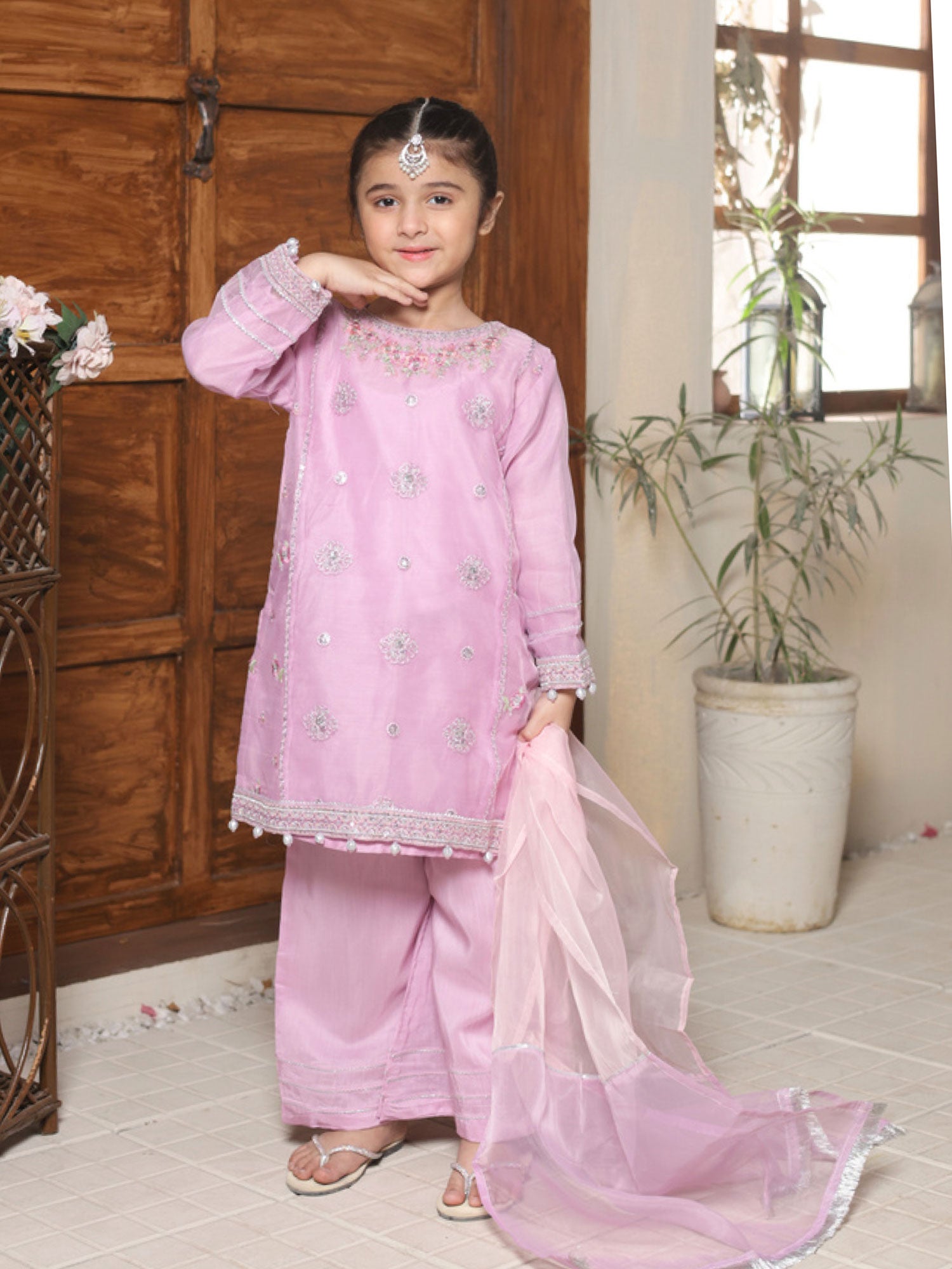 Kids Embroidered Lux Organza Suit - Lilac