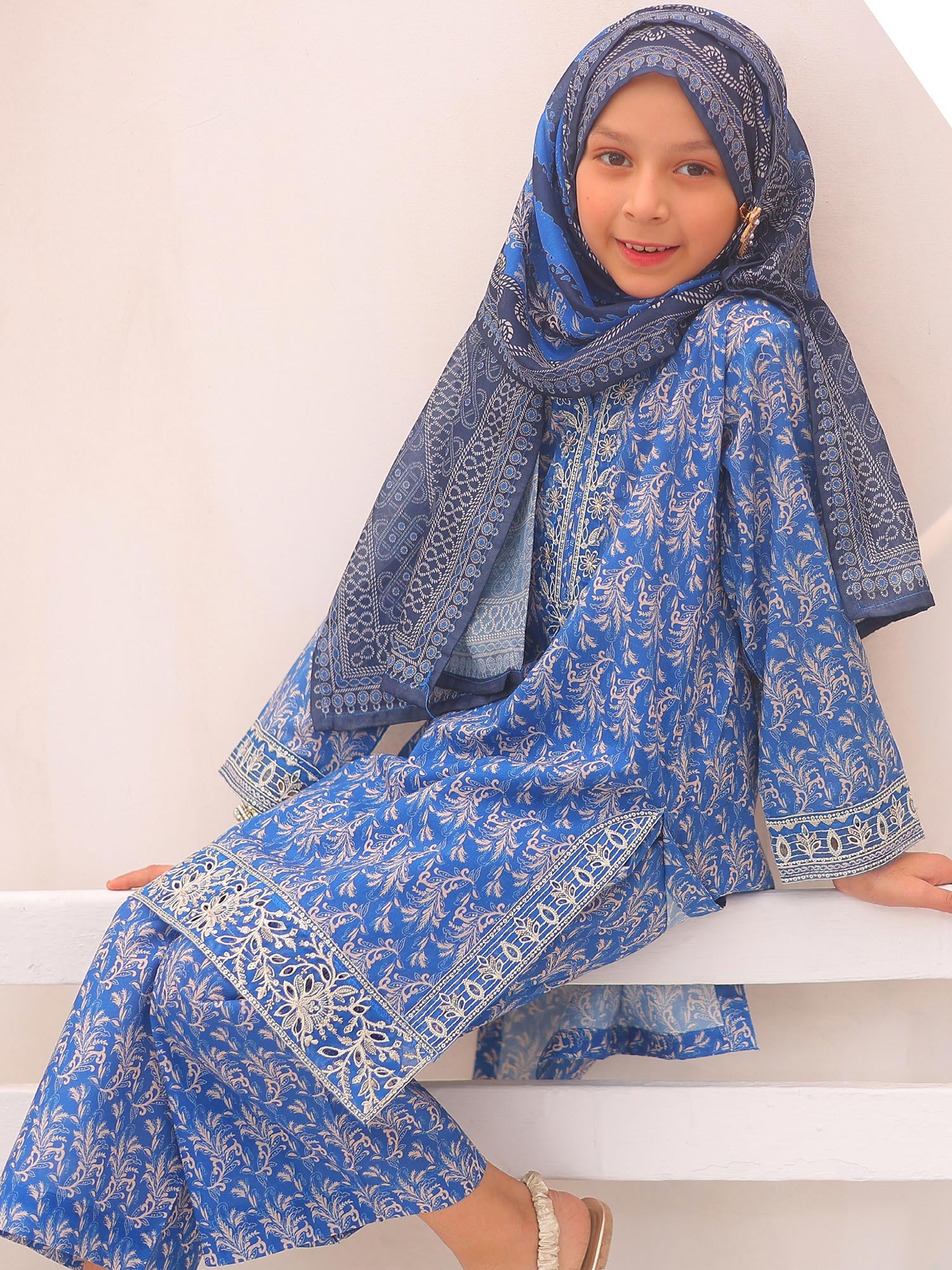 Kids Blue Casual Swiss Lawn 3-Piece Suit