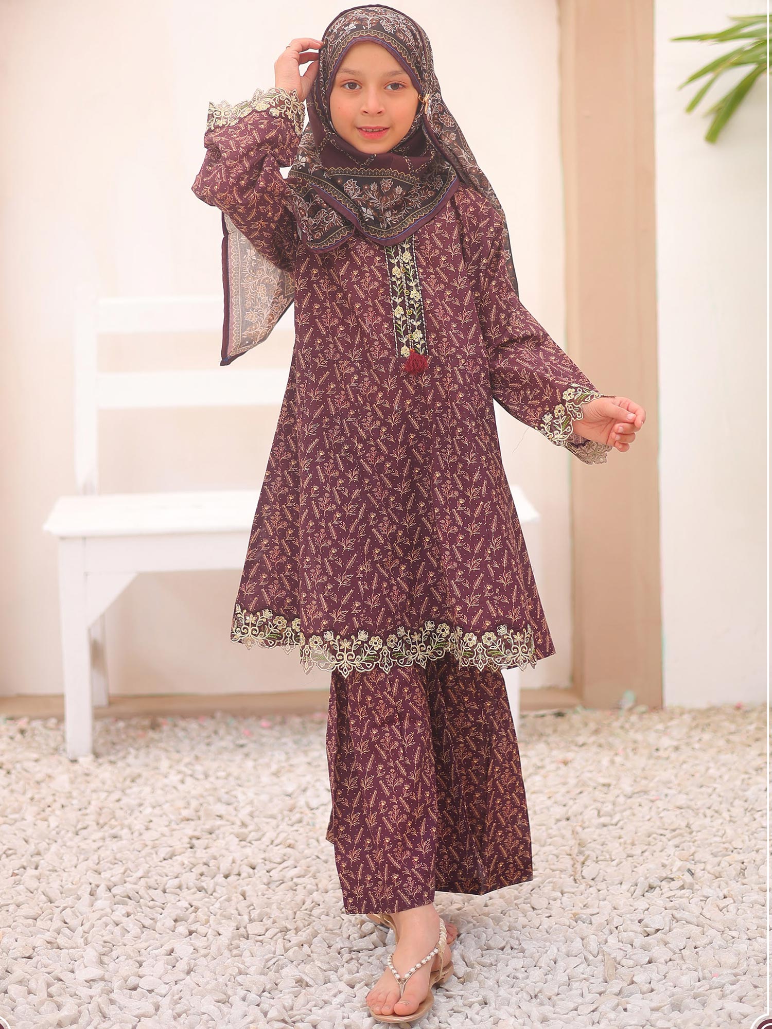 Kids Deep Purple Casual Swiss Lawn 3-Piece Suit