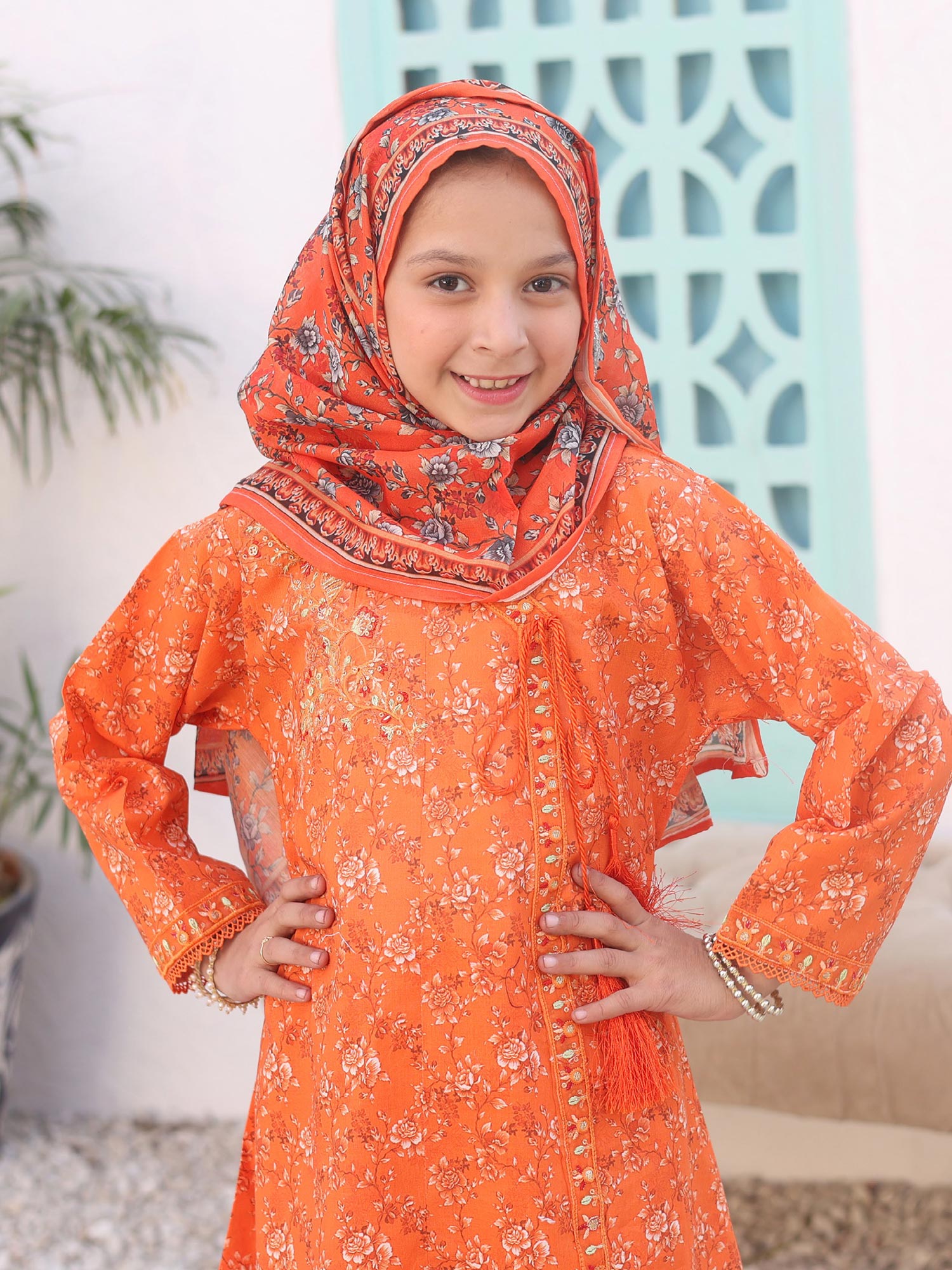 Kids Orange Casual Swiss Lawn 3-Piece Suit