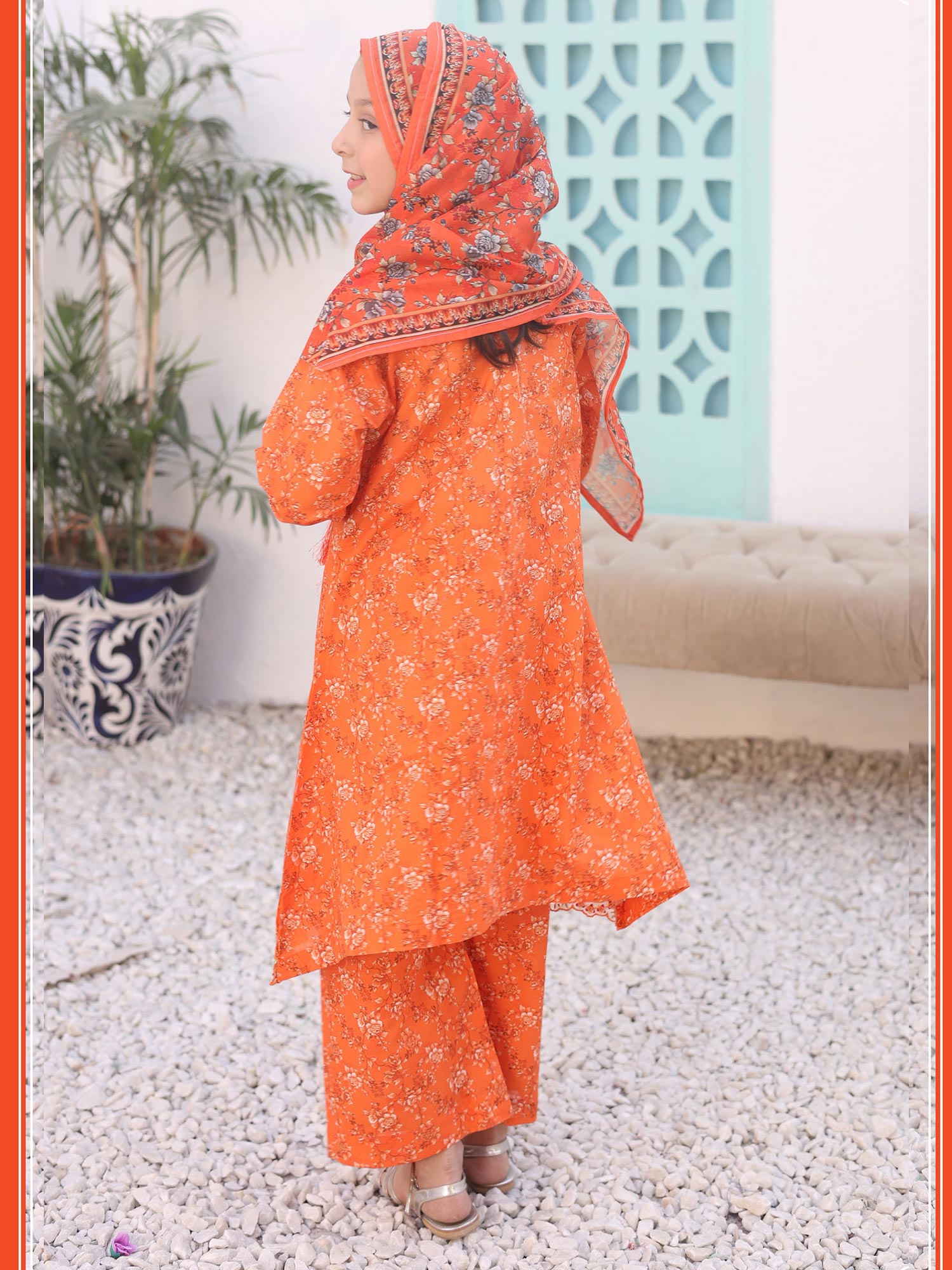 Kids Orange Casual Swiss Lawn 3-Piece Suit