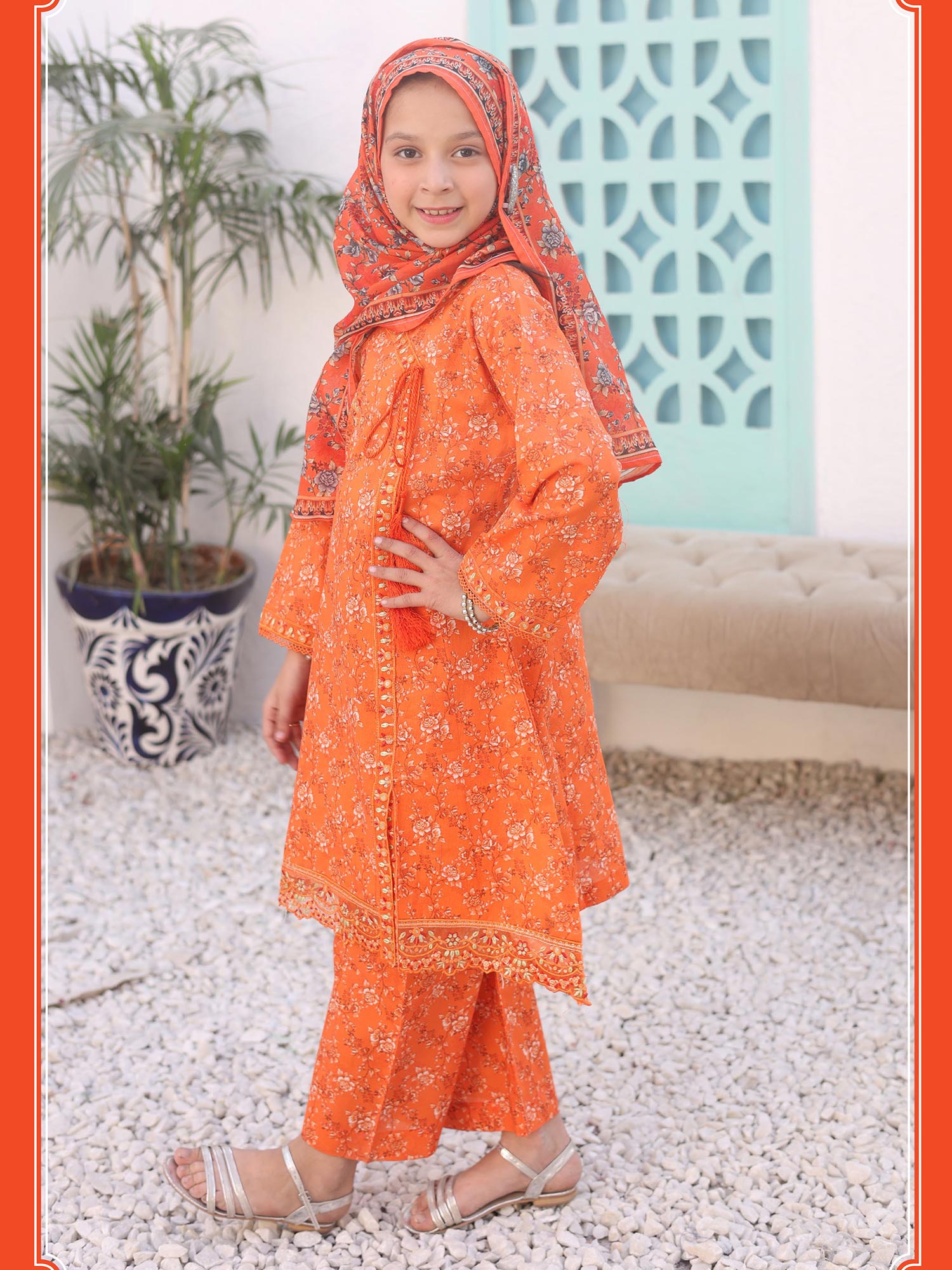 Kids Orange Casual Swiss Lawn 3-Piece Suit
