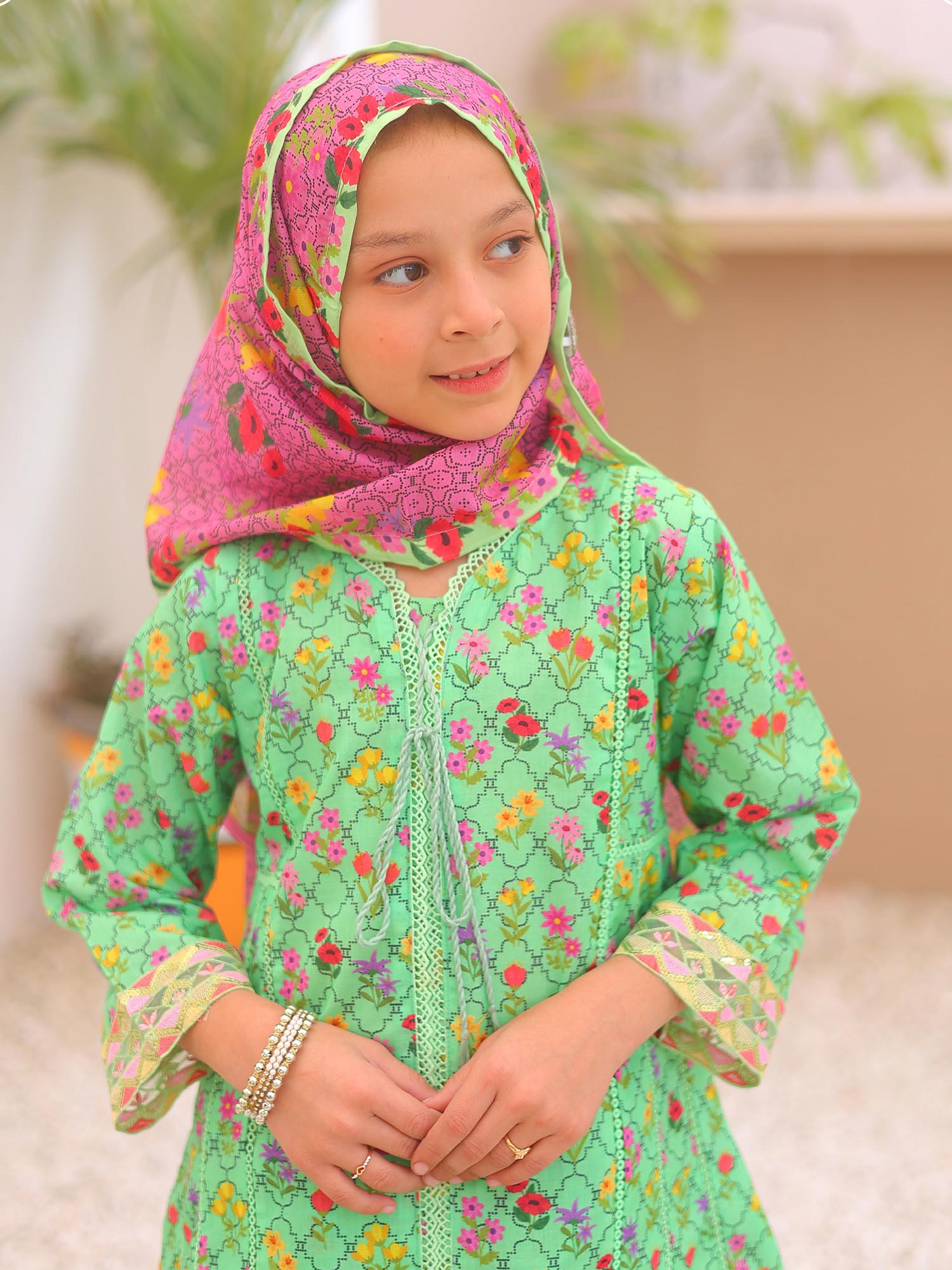 Kids Green Casual Swiss Lawn 3-Piece Suit