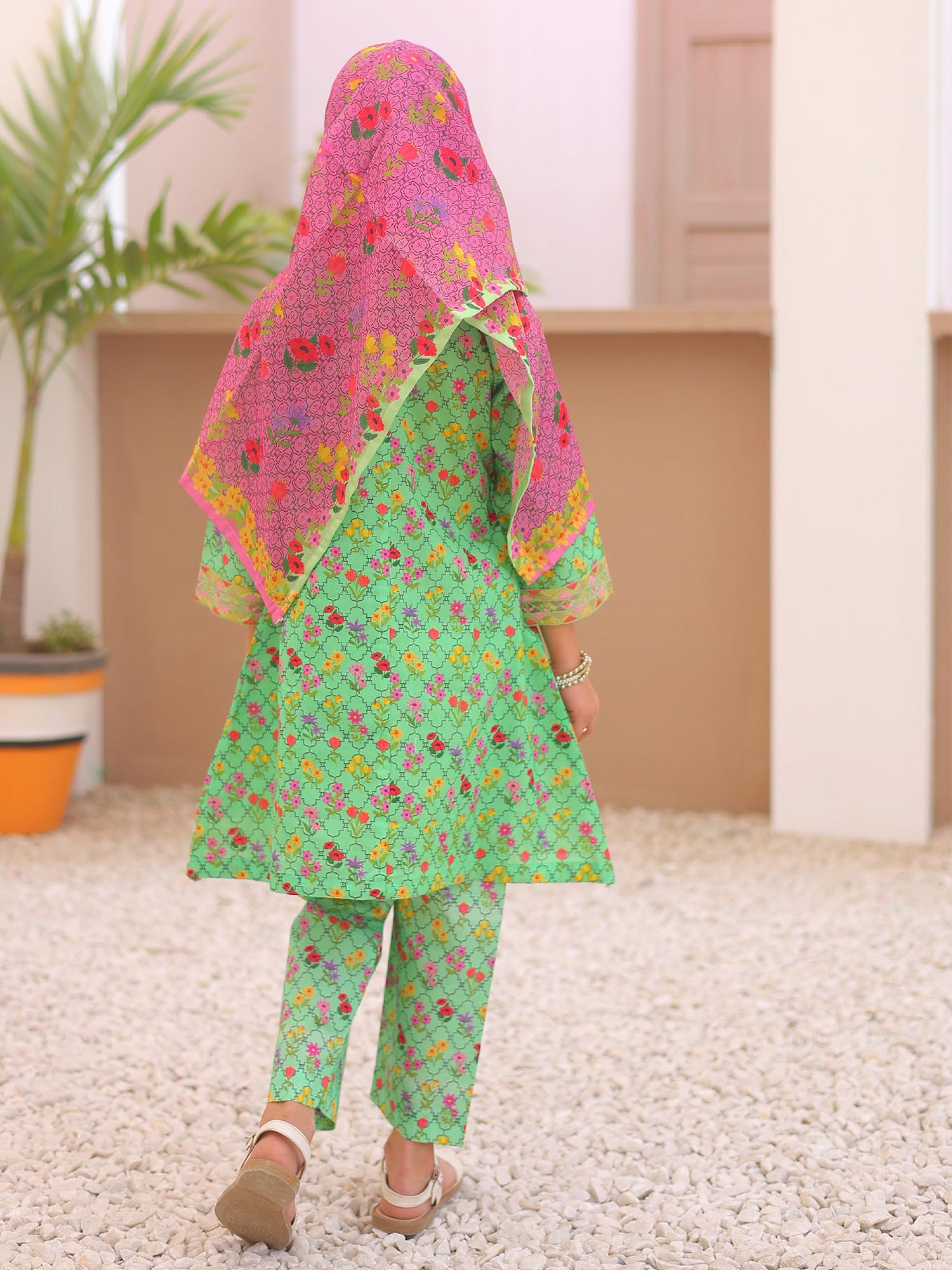 Kids Green Casual Swiss Lawn 3-Piece Suit