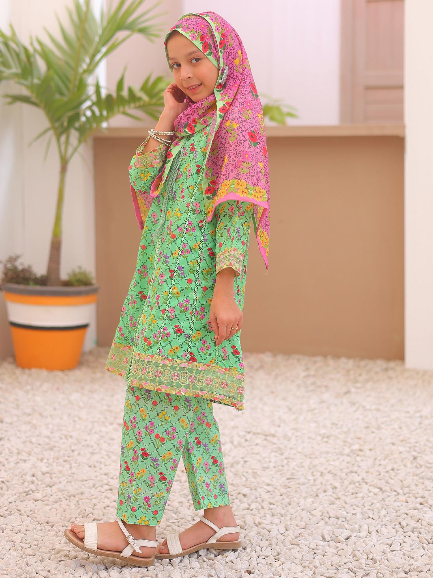 Kids Green Casual Swiss Lawn 3-Piece Suit