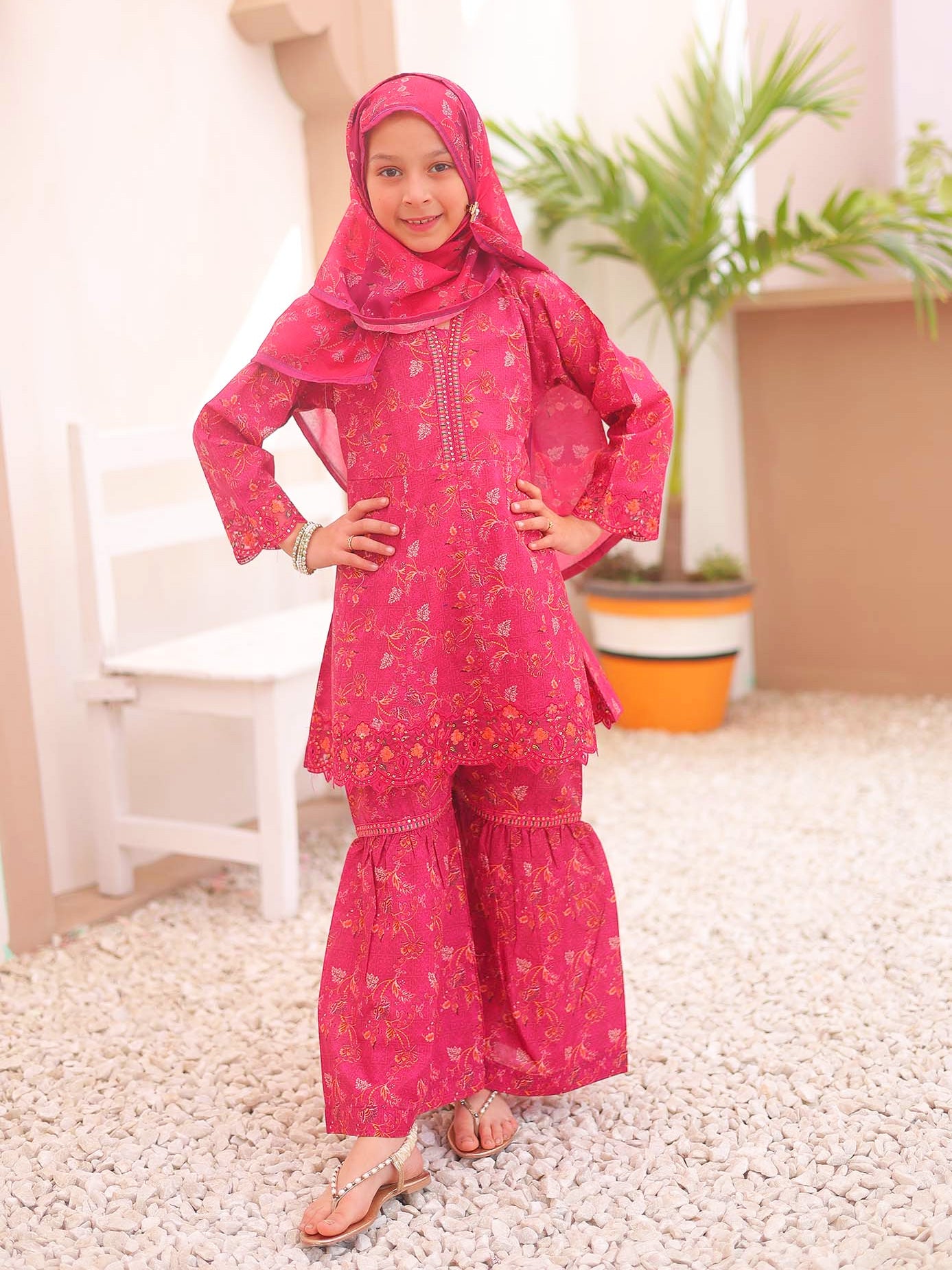 Kids Magenta Casual Swiss Lawn 3-Piece Suit
