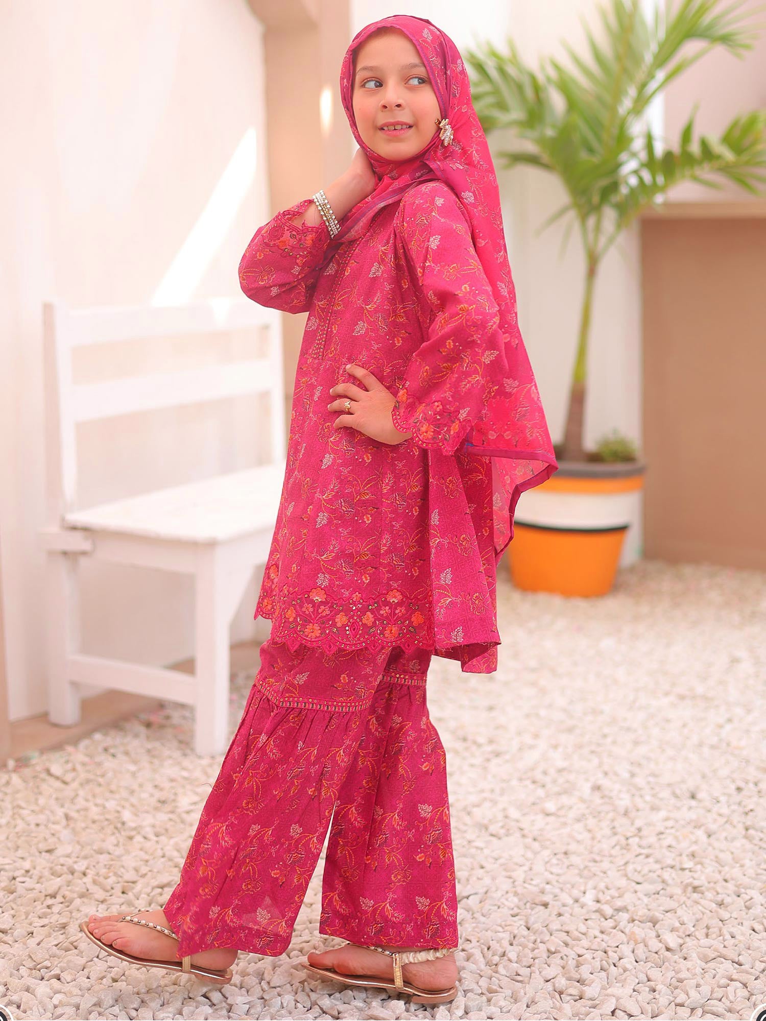 Kids Magenta Casual Swiss Lawn 3-Piece Suit