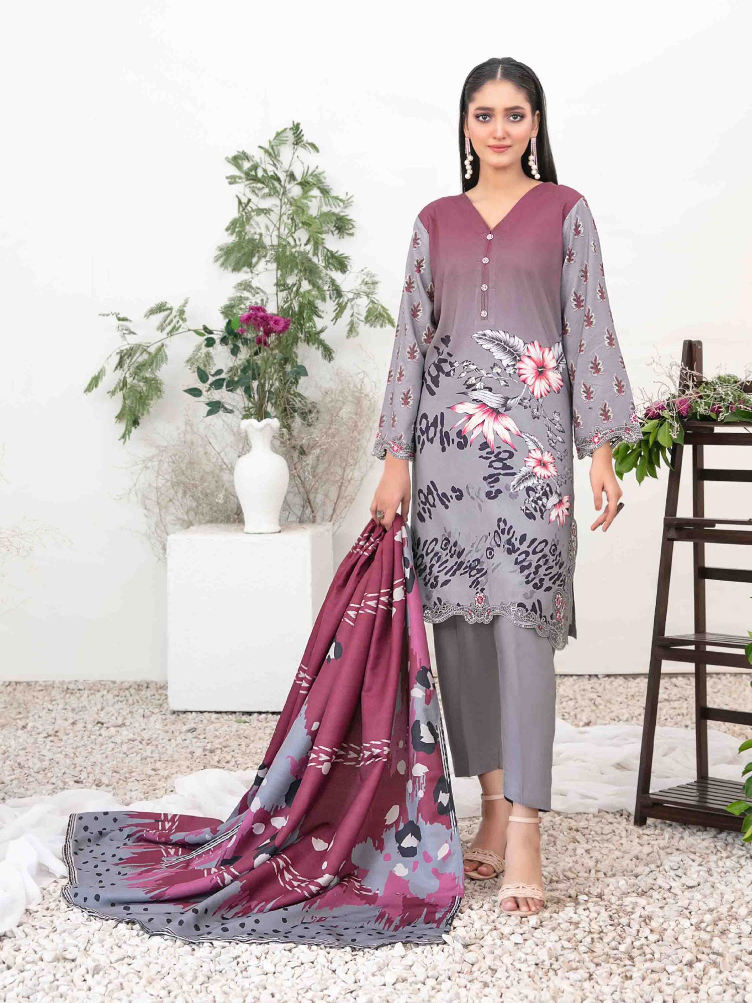 Tawakkal "Suhaila" Embroidered Staple Linen Suit (D3705) - Purple & Grey