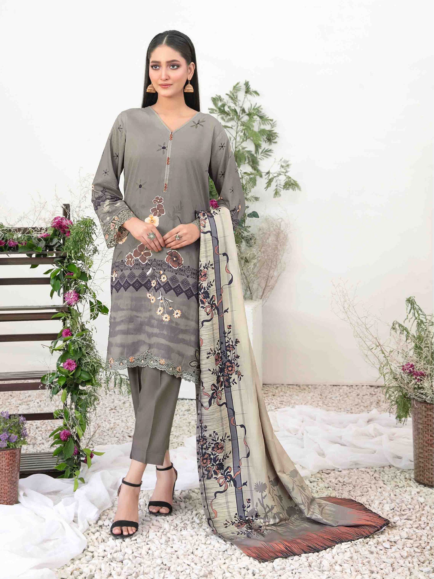 Tawakkal "Suhaila" Embroidered Staple Linen Suit (D3702) - Olive-Grey
