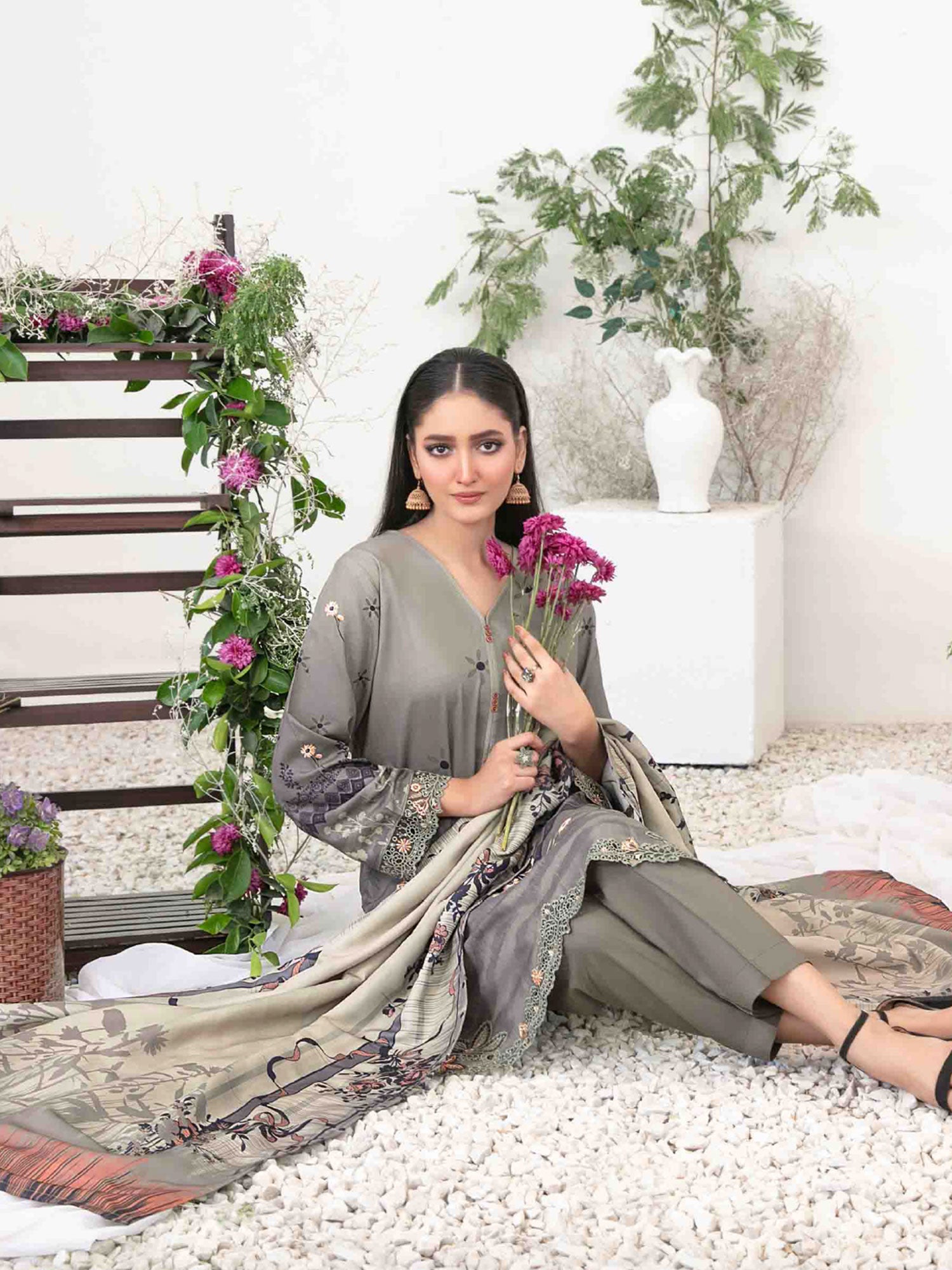 Tawakkal "Suhaila" Embroidered Staple Linen Suit (D3702) - Olive-Grey