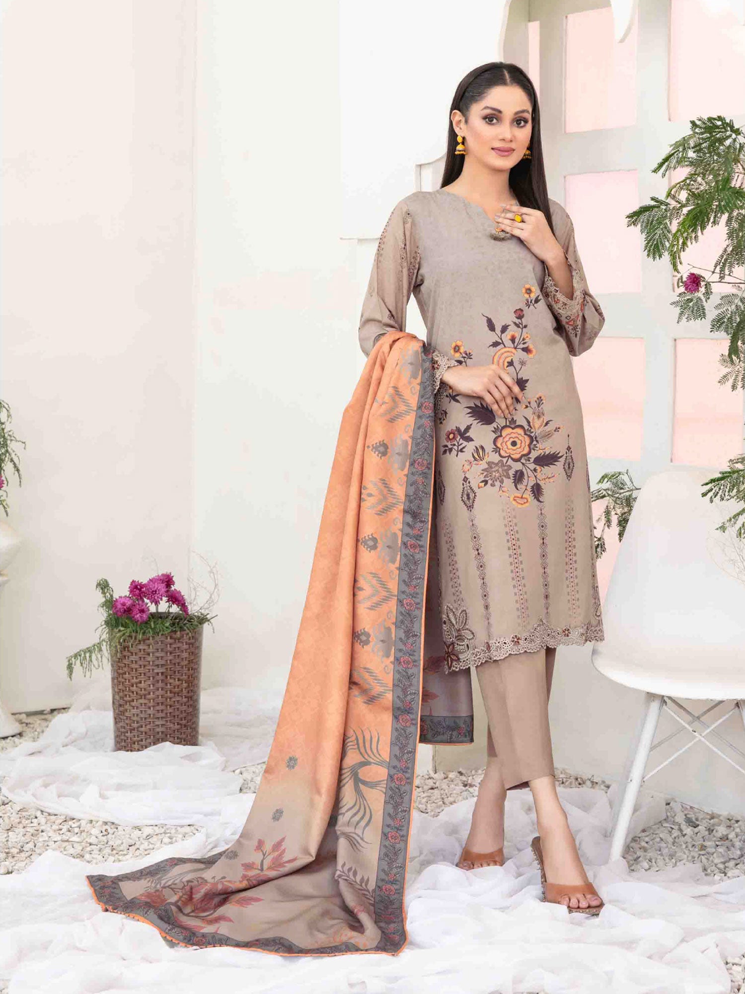 Tawakkal "Suhaila" Embroidered Staple Linen Suit (D3701) - Beige