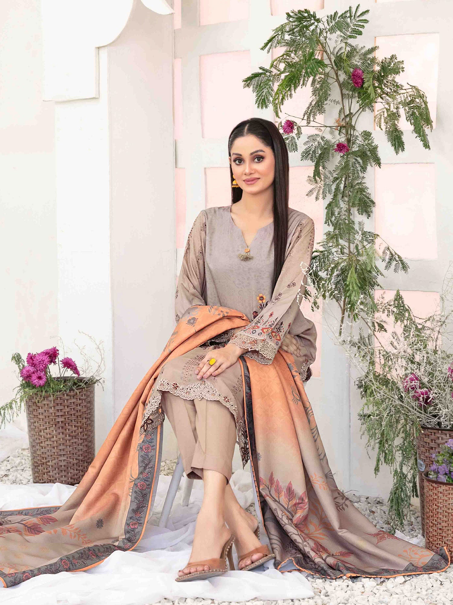 Tawakkal "Suhaila" Embroidered Staple Linen Suit (D3701) - Beige