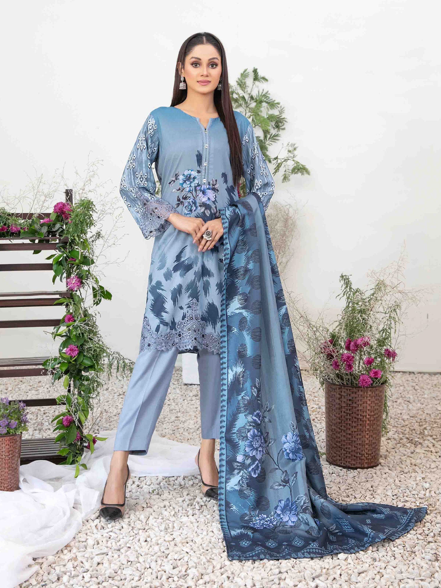 Tawakkal "Suhaila" Embroidered Staple Linen Suit (D3698) - Sky Blue