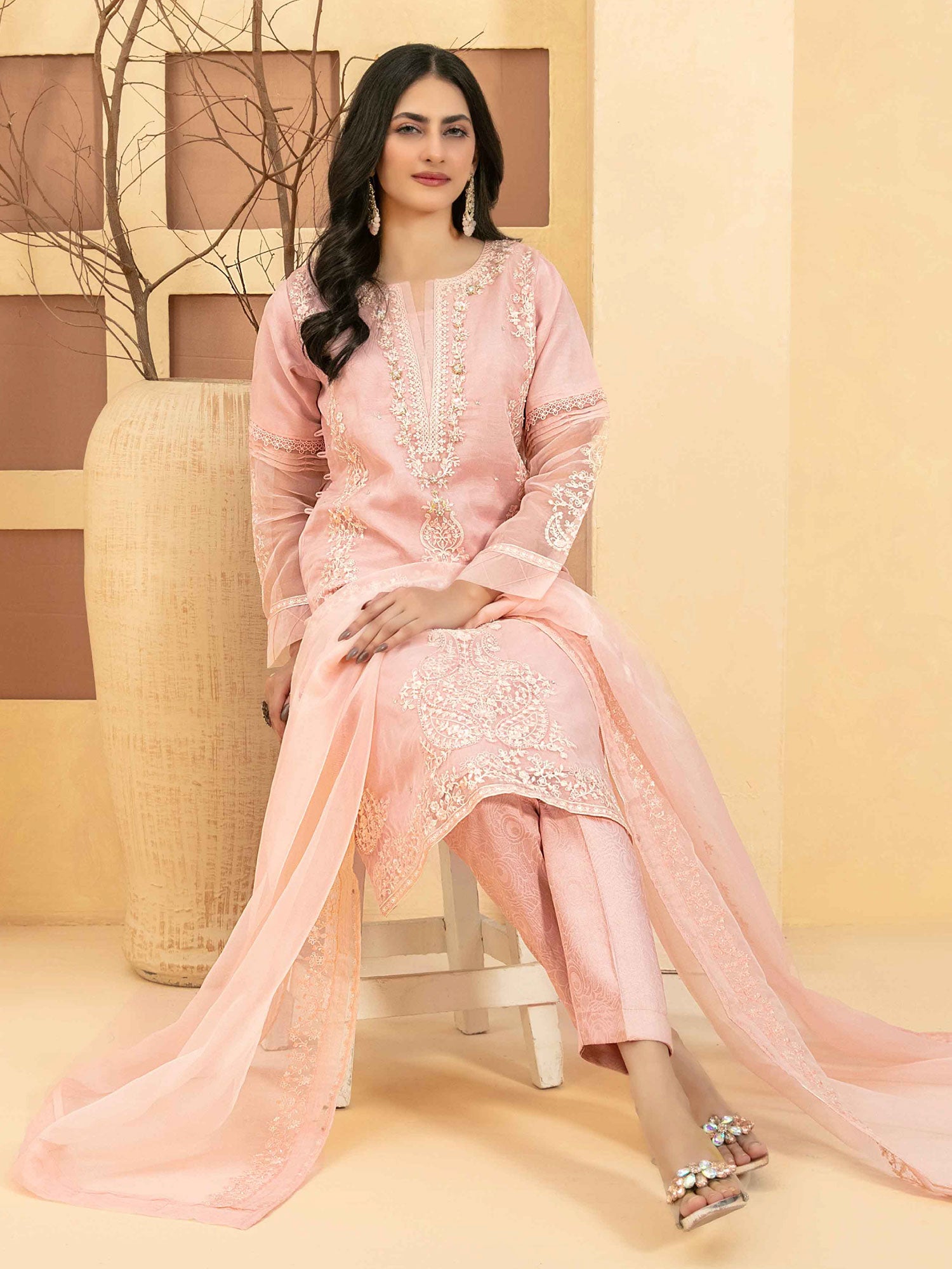 Tawakkal "Taalea" Embroidered Organza Suit (D2183) - Pink