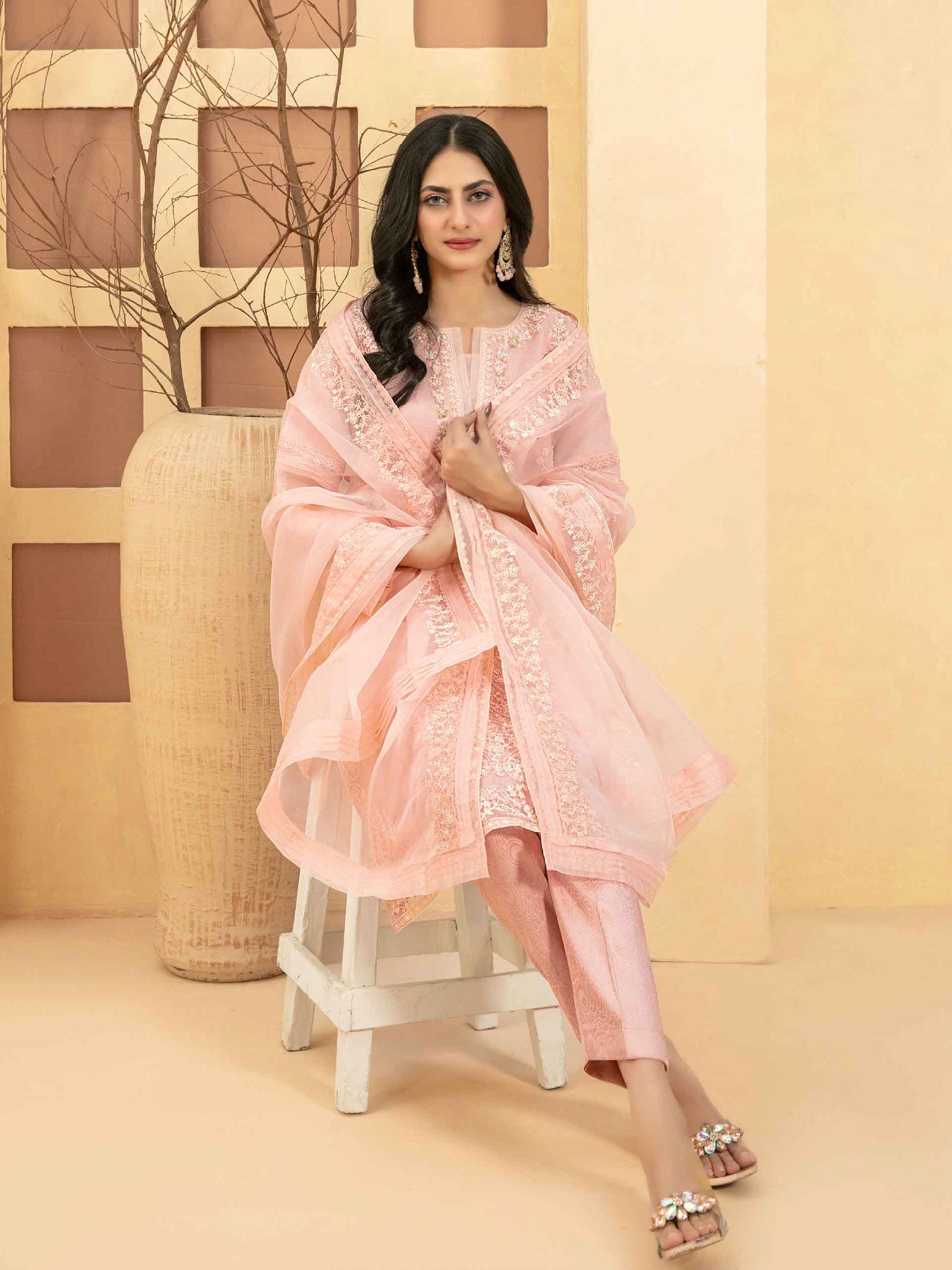 Tawakkal "Taalea" Embroidered Organza Suit (D2183) - Pink