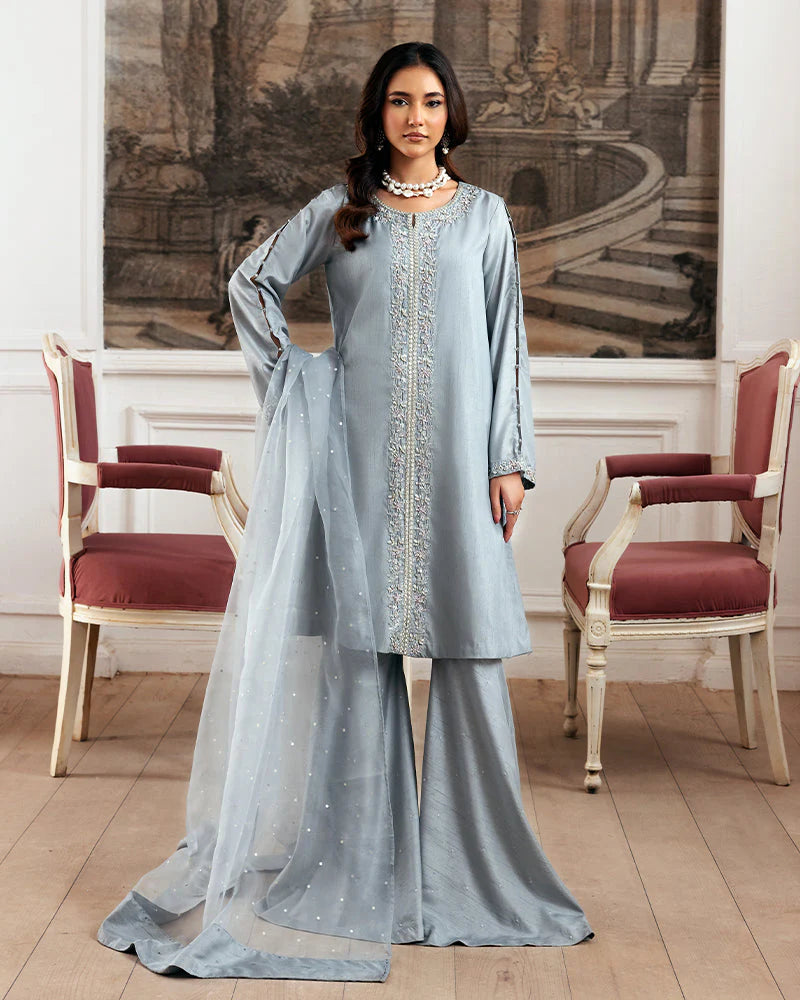 Ally's Blue-Grey Raw Silk Suit with Gharara (AN107)