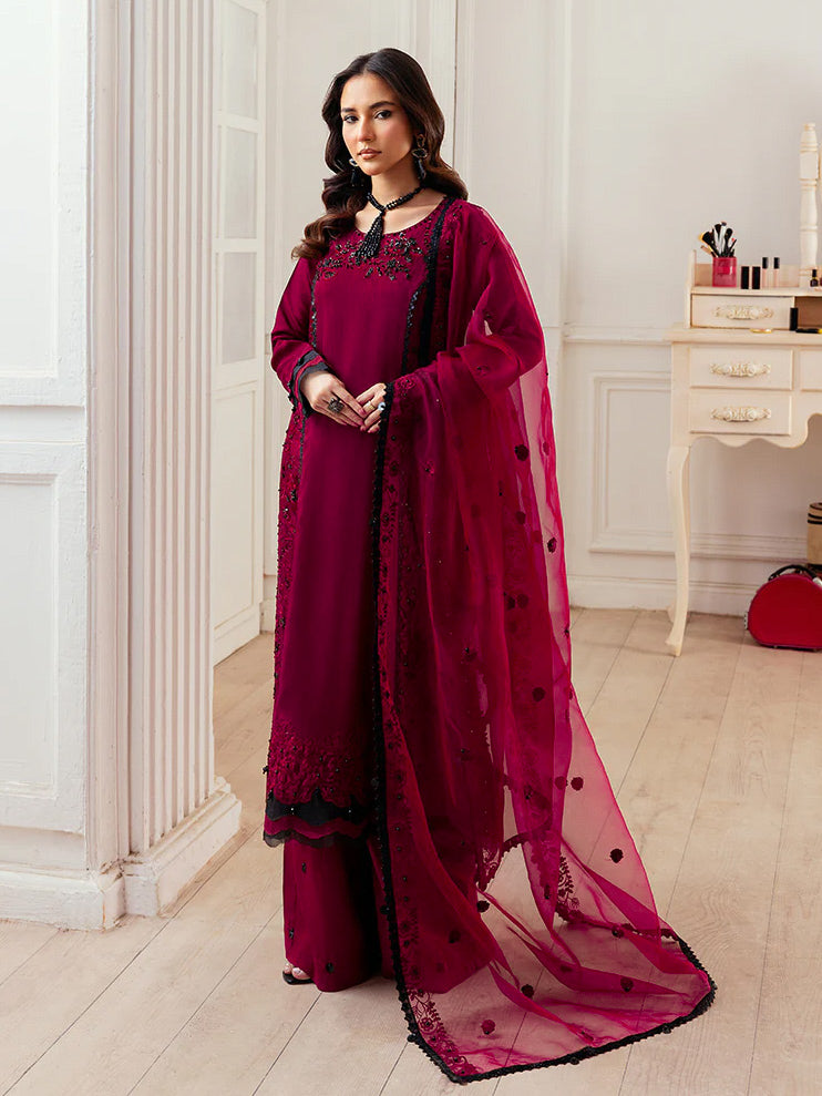 Ally's Dark Pink Embellished Raw Silk 3-Piece Suit (AN116)