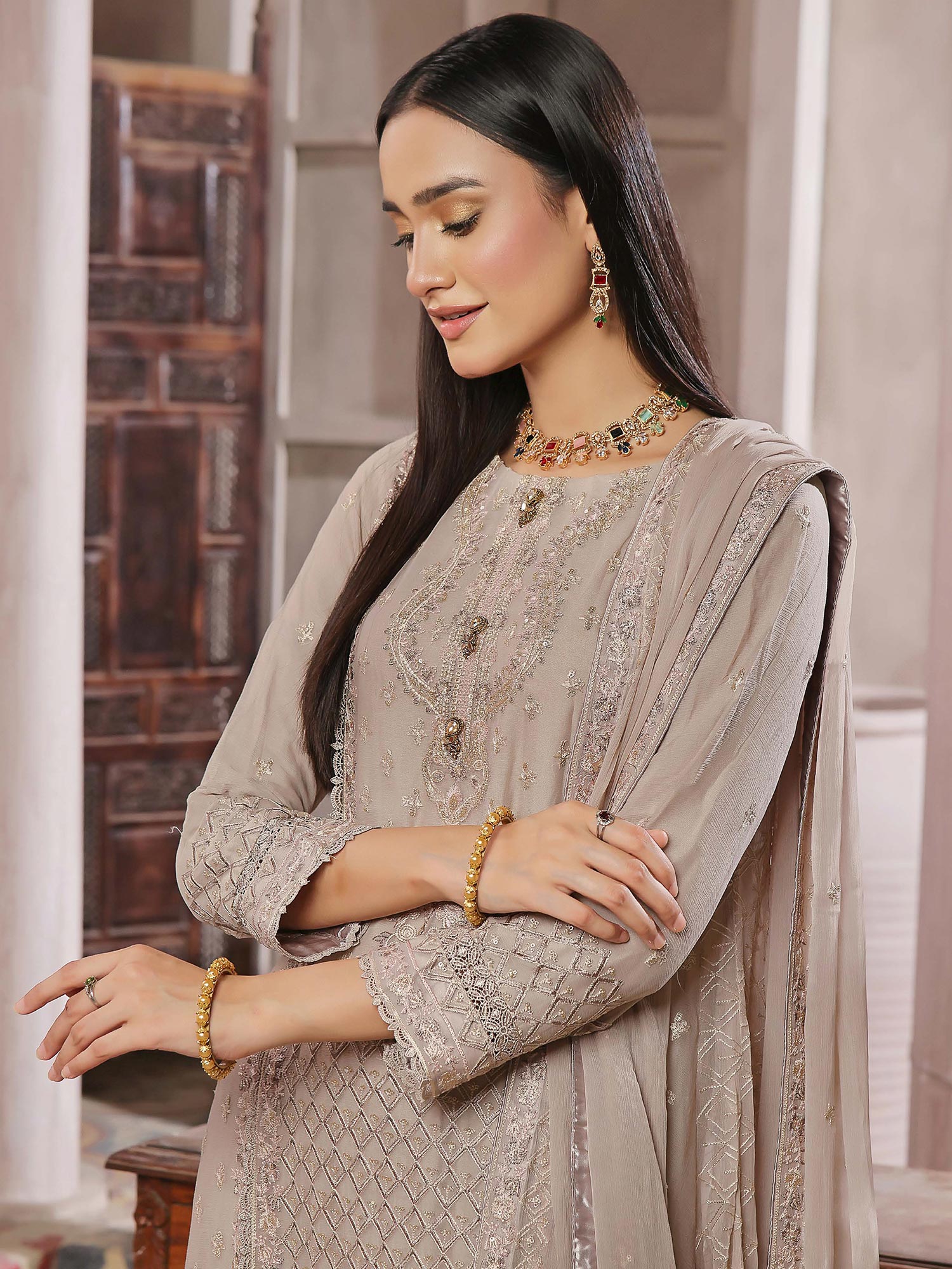 Wardah Uzair "Kanwal" Embroidered Chiffon Maxi Suit - Maya