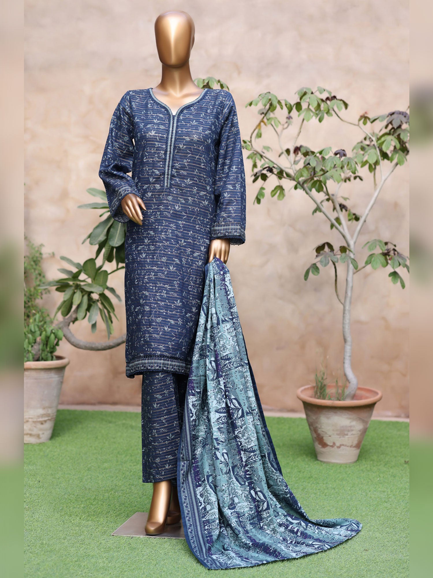 Bin Saeed Printed Khaddar 3-Piece Suit - Navy