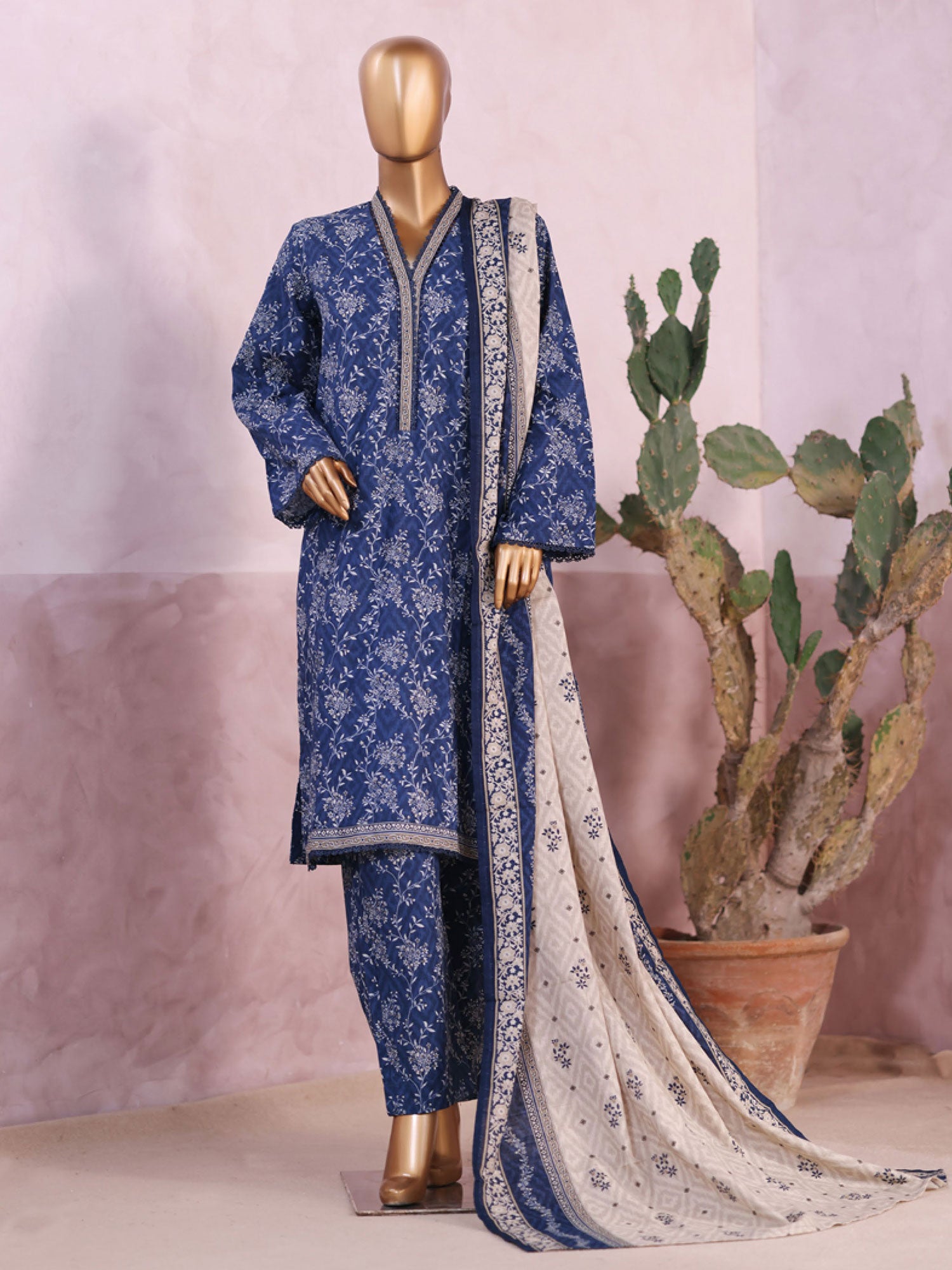 Bin Saeed Printed Khaddar 3-Piece Suit - Blue