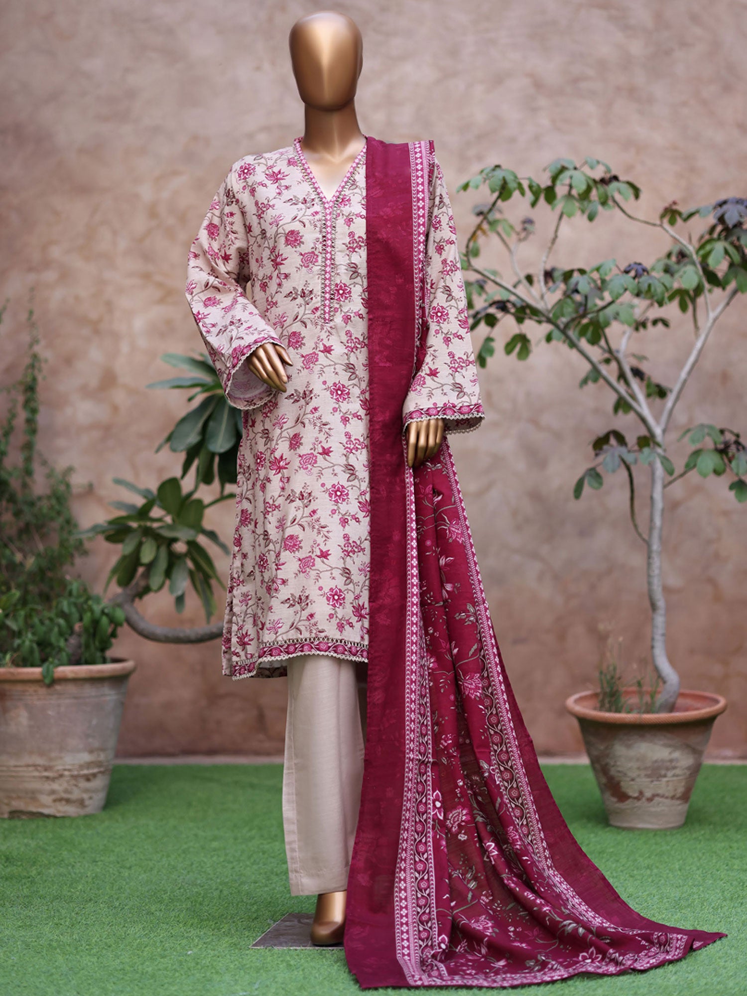 Bin Saeed Printed Khaddar 3-Piece Suit - Pink and Beige