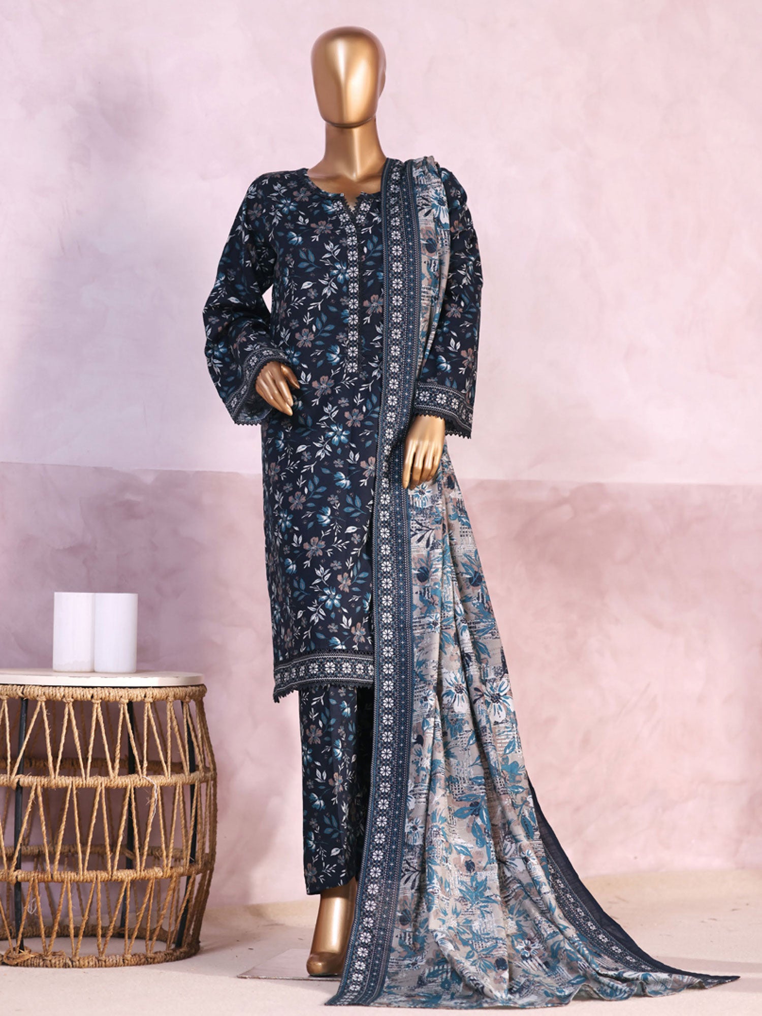 Bin Saeed Printed Khaddar 3-Piece Suit - Teal