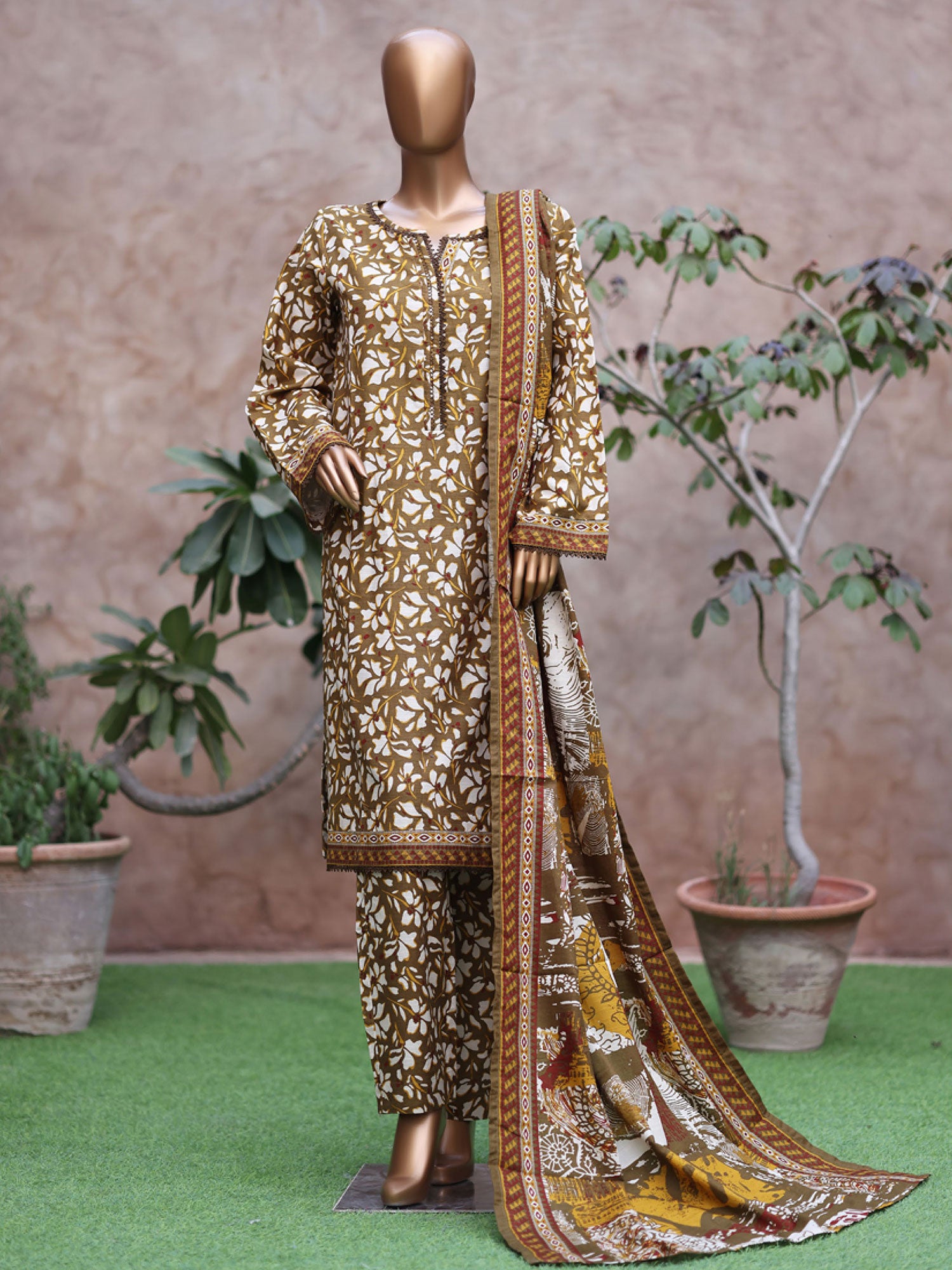 Bin Saeed Printed Khaddar 3-Piece Suit - Olive